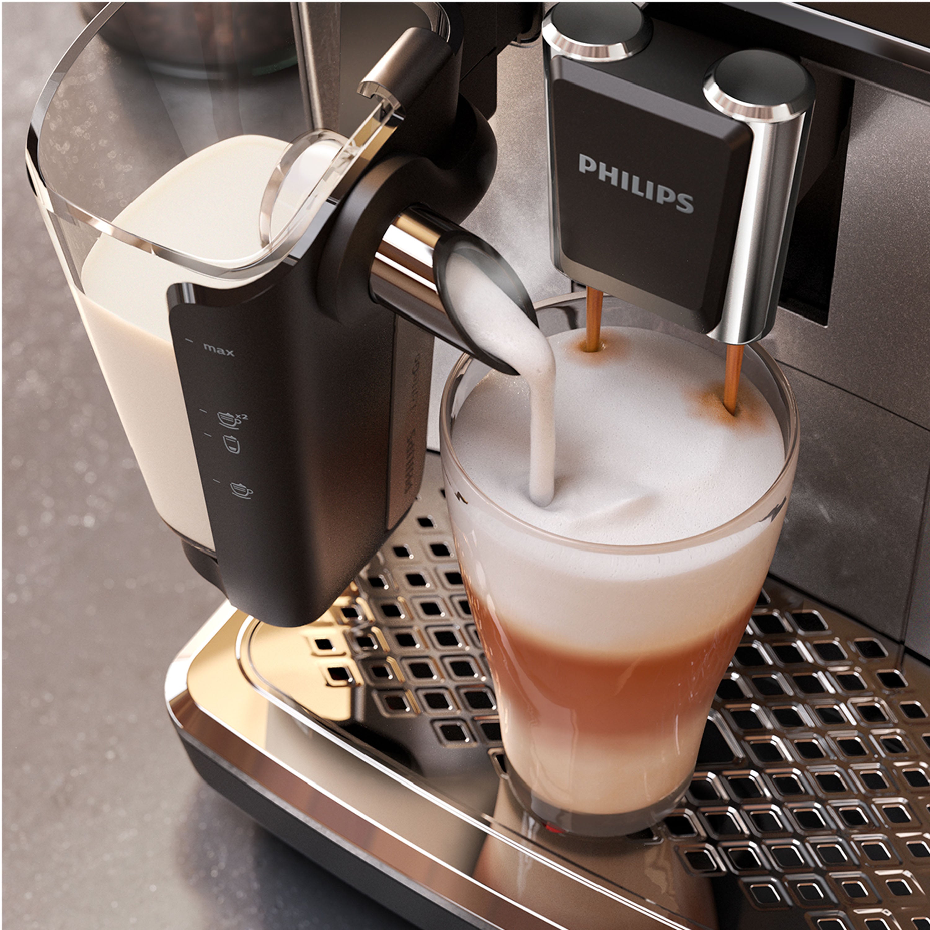 Philips coffee machine making a latte with frothed milk