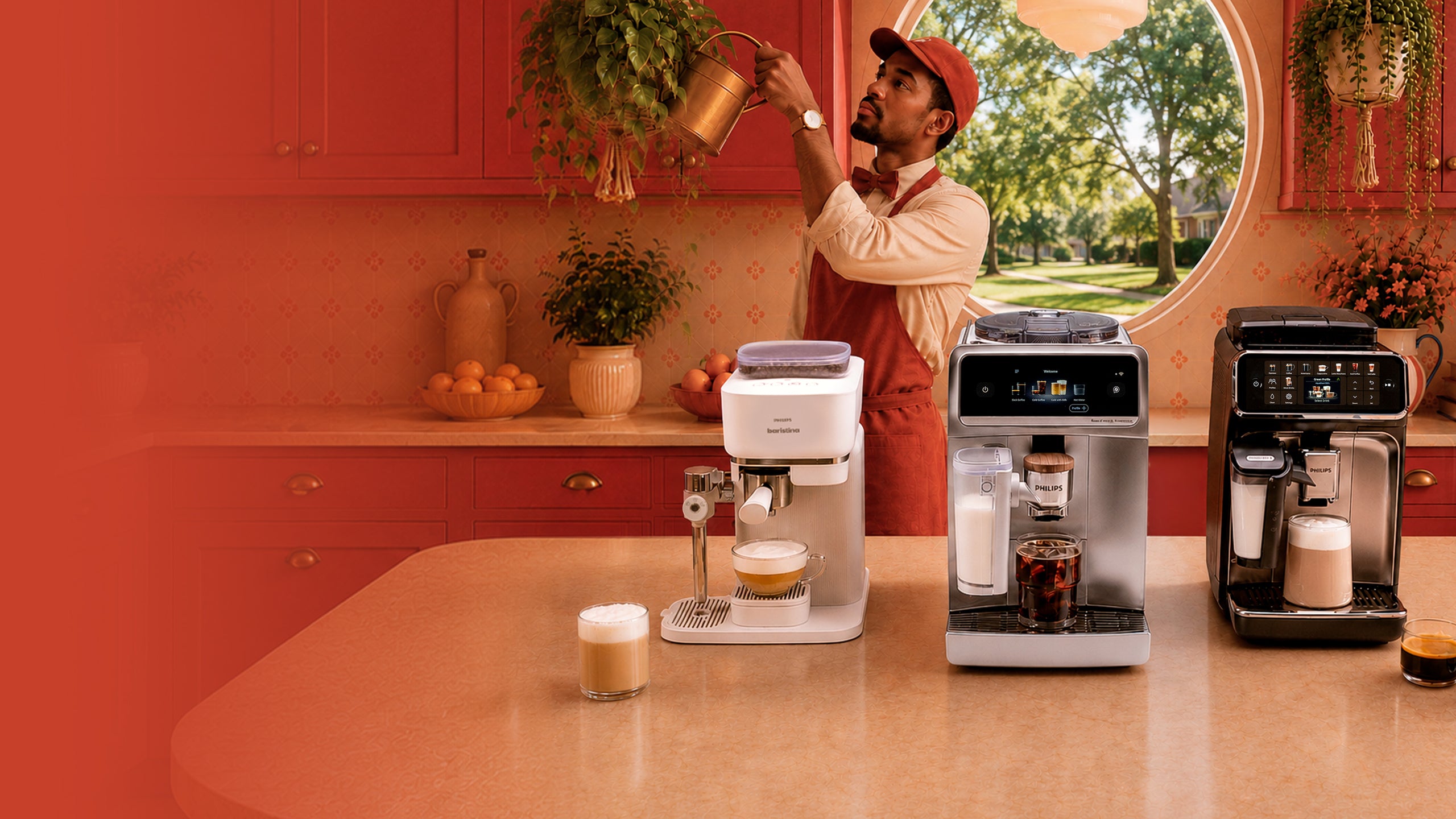 A man in a red apron and cap stands in a warm kitchen setting, pouring water from a copper pot into a white and purple coffee machine on a countertop. Two other coffee machines are also visible on the counter, with red cabinets and a window showing greenery outside in the background.