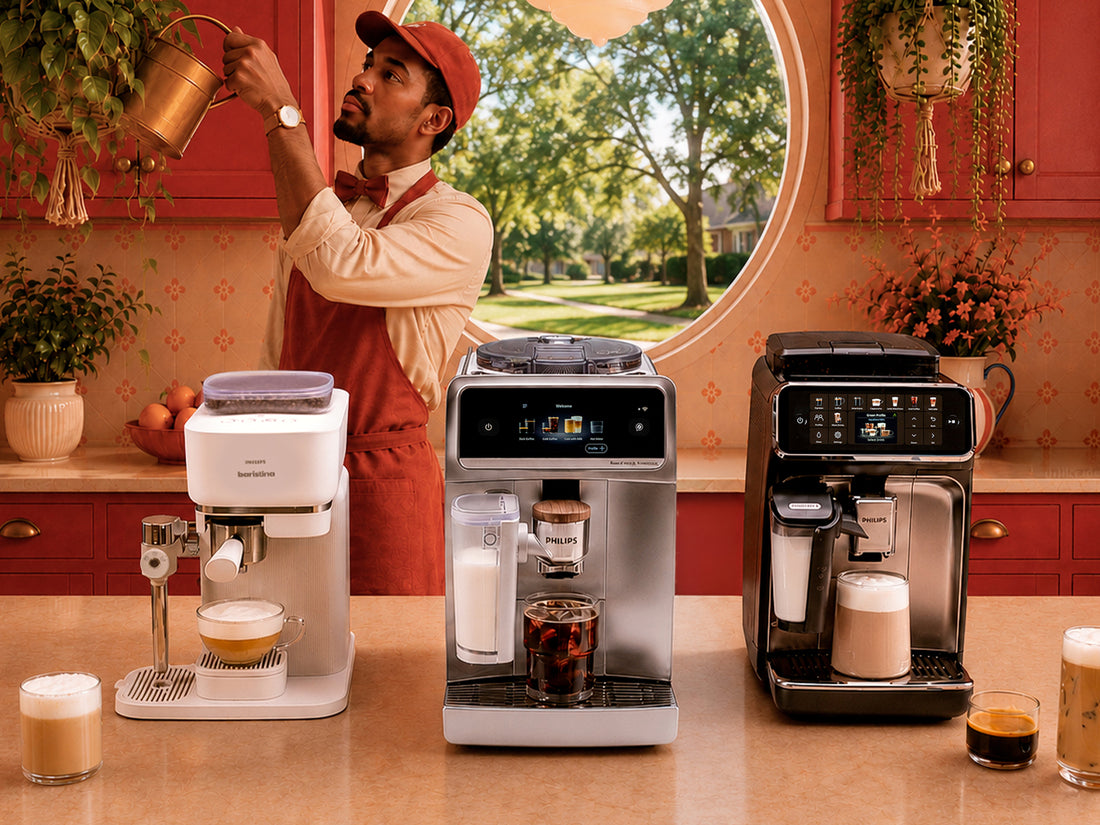 Three Philips coffee machines displayed on a countertop in a warm, decorated kitchen setting, with a man in an apron and cap watering a plant in the background.