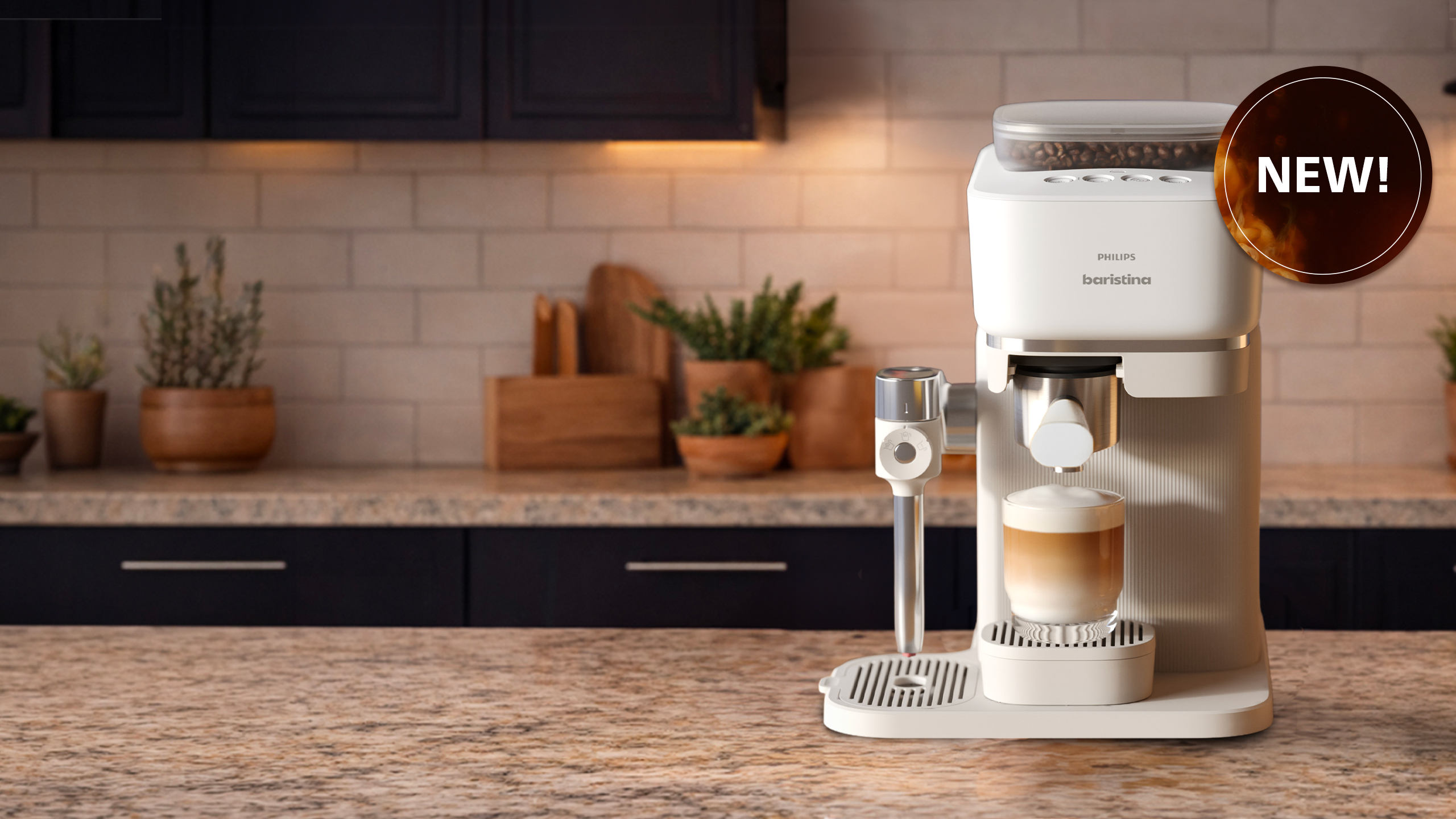 Philips Baristina Latte espresso machine on a kitchen counter with a 'NEW!' label, surrounded by plants and kitchen items.