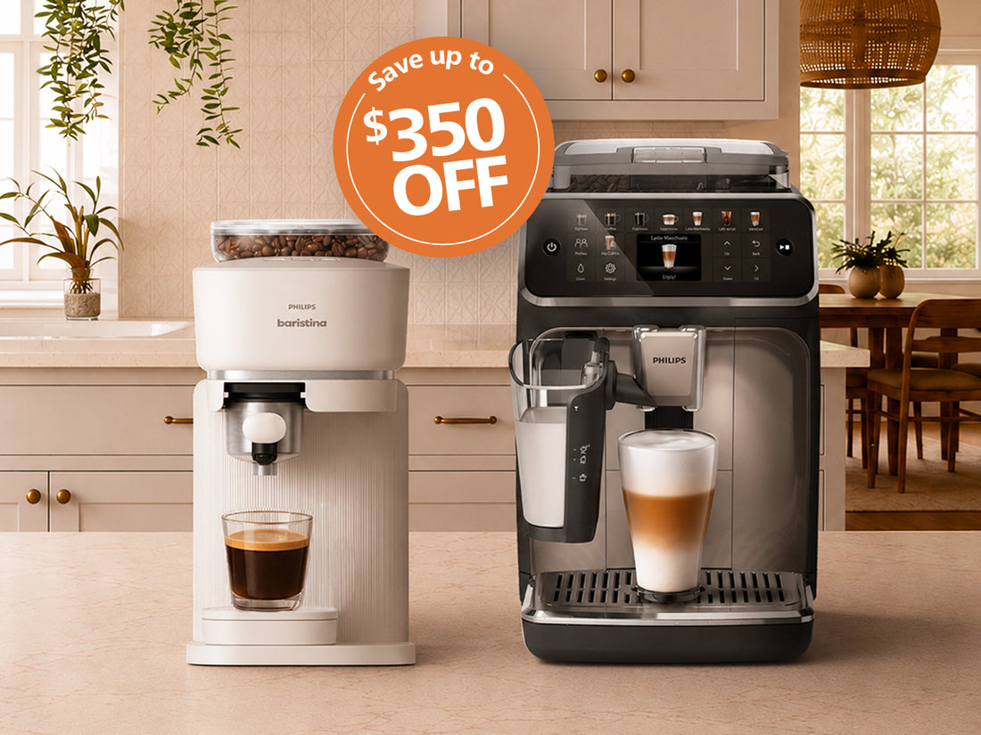 Two coffee machines in a kitchen setting with a promotional offer overlay.