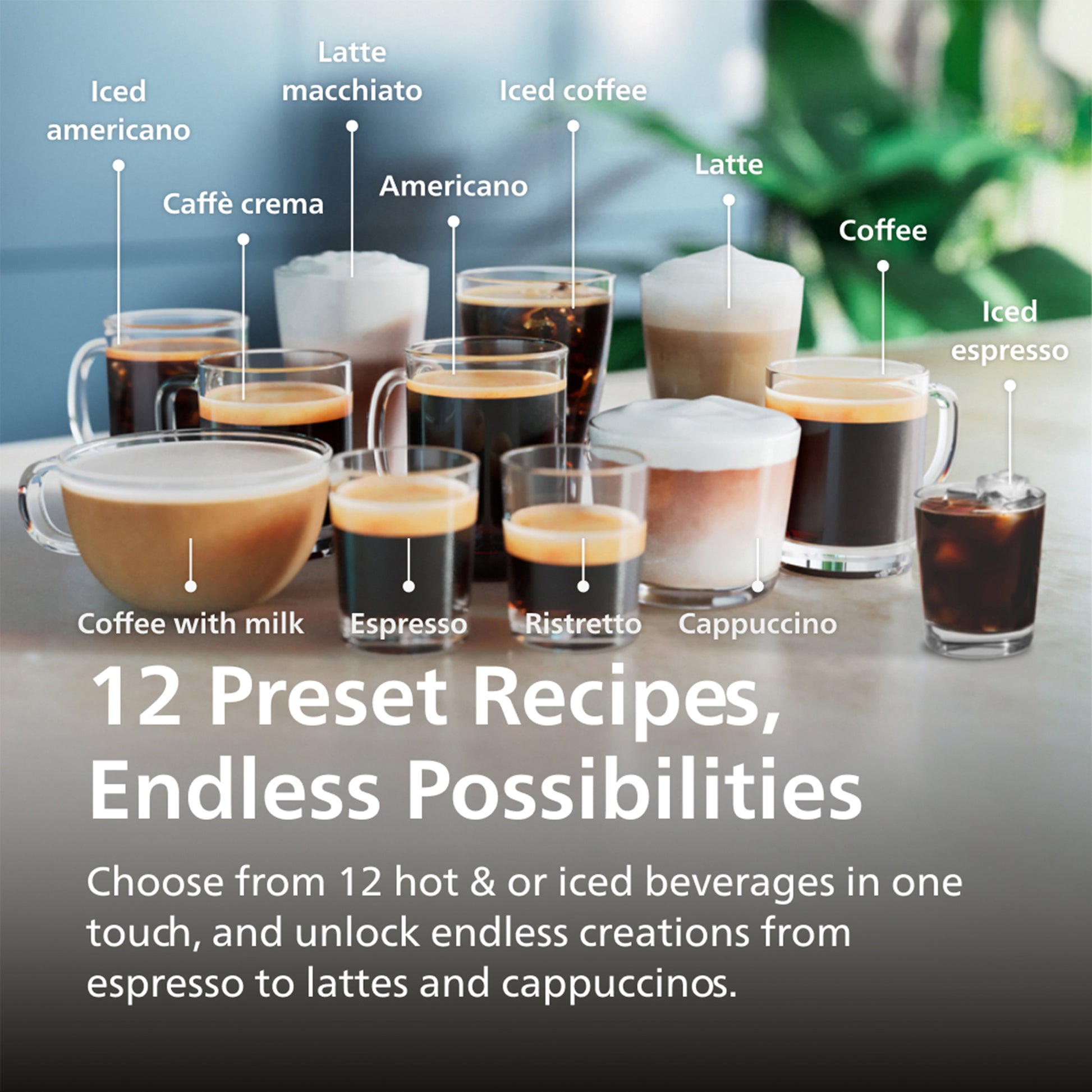 Various coffee beverages with labels on a table, featuring text about preset recipes.