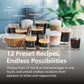Various coffee beverages with labels on a table, featuring text about preset recipes.