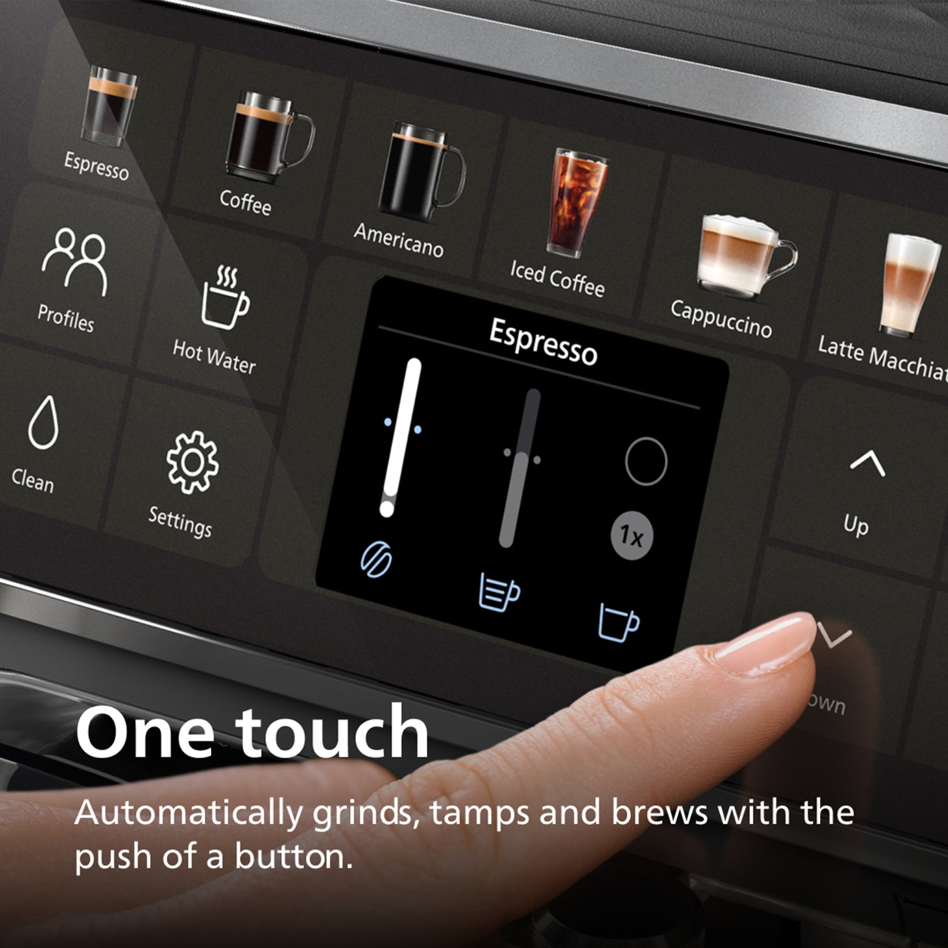 Coffee machine control panel with a finger pressing the 'Espresso' button, highlighting automation features.
