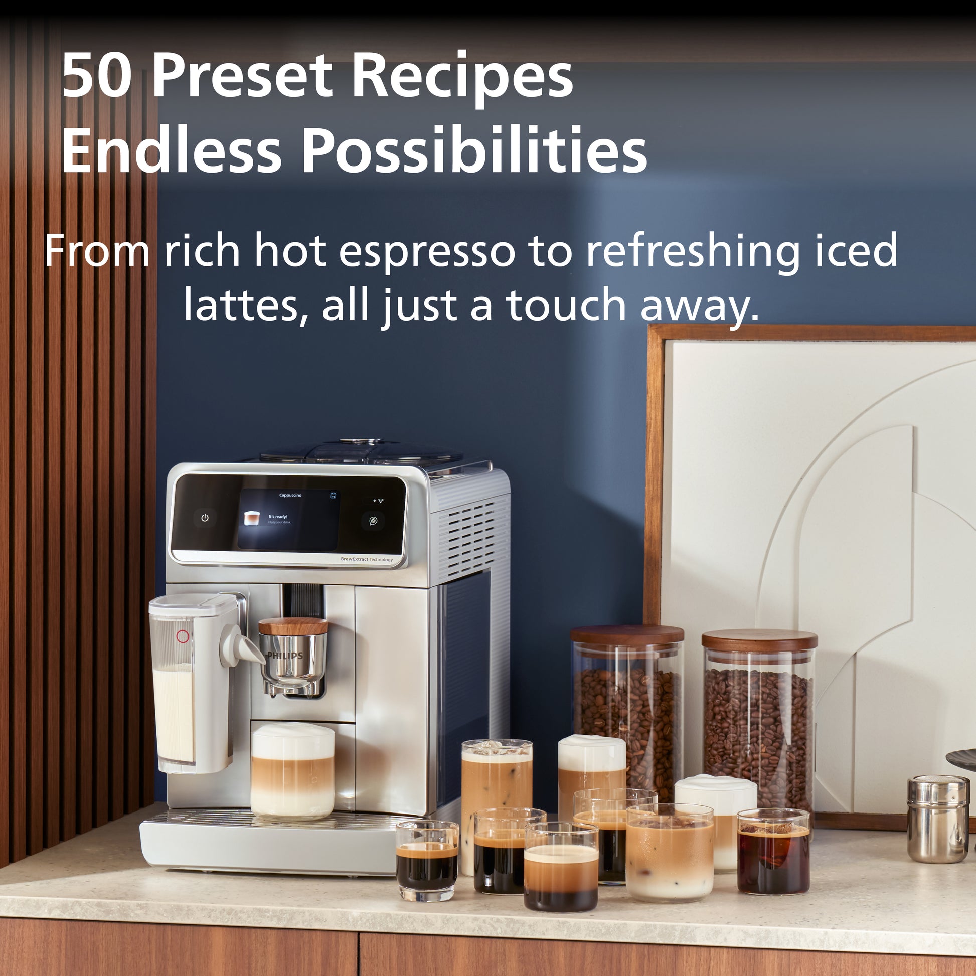 Coffee machine with various coffee drinks on a countertop, with text about preset recipes.