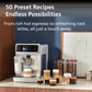 Coffee machine with various coffee drinks on a countertop, with text about preset recipes.