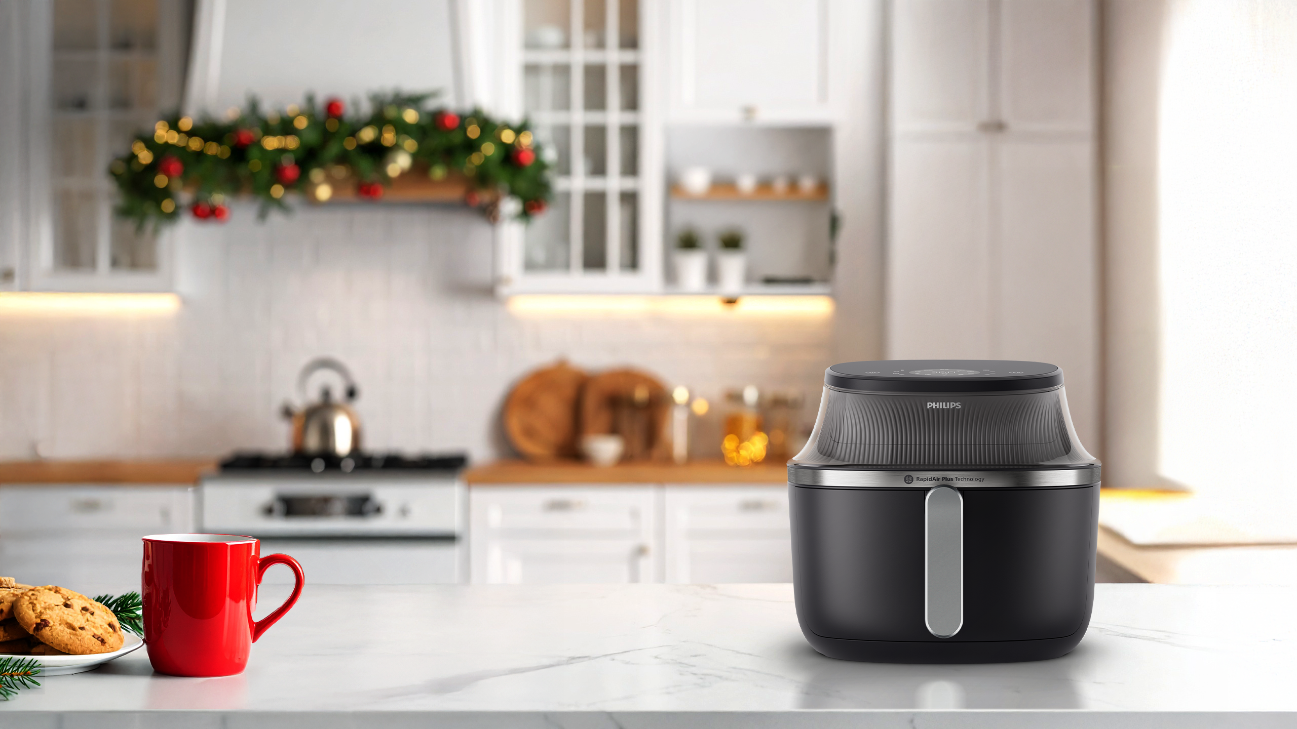 Airfryer sitting on counter in a Holiday kitchen.