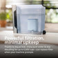 AquaClean water filtration system on a kitchen counter with text highlighting its features.