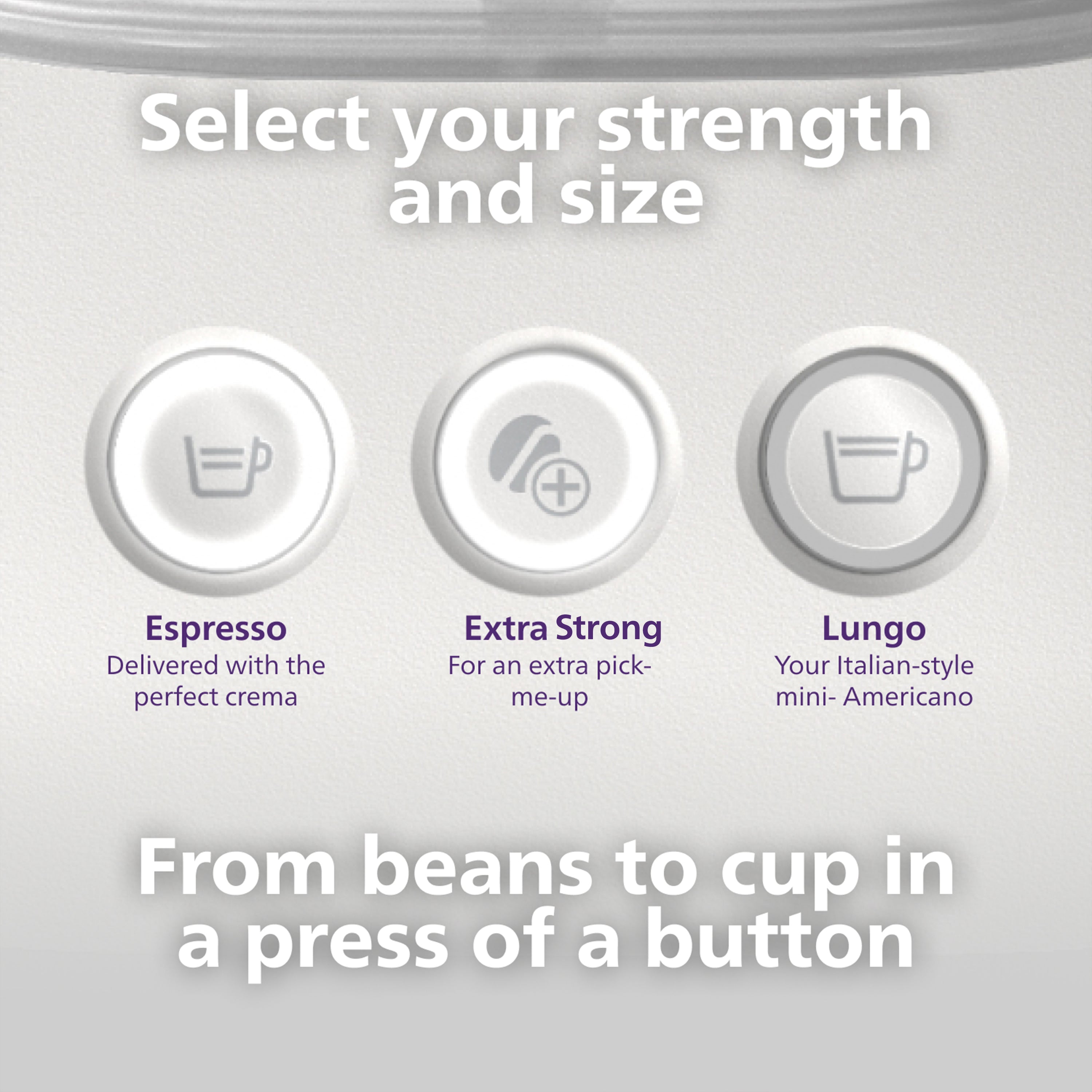 Showing buttons on espresso machine: Espresso, Extra Strong and Lungo
