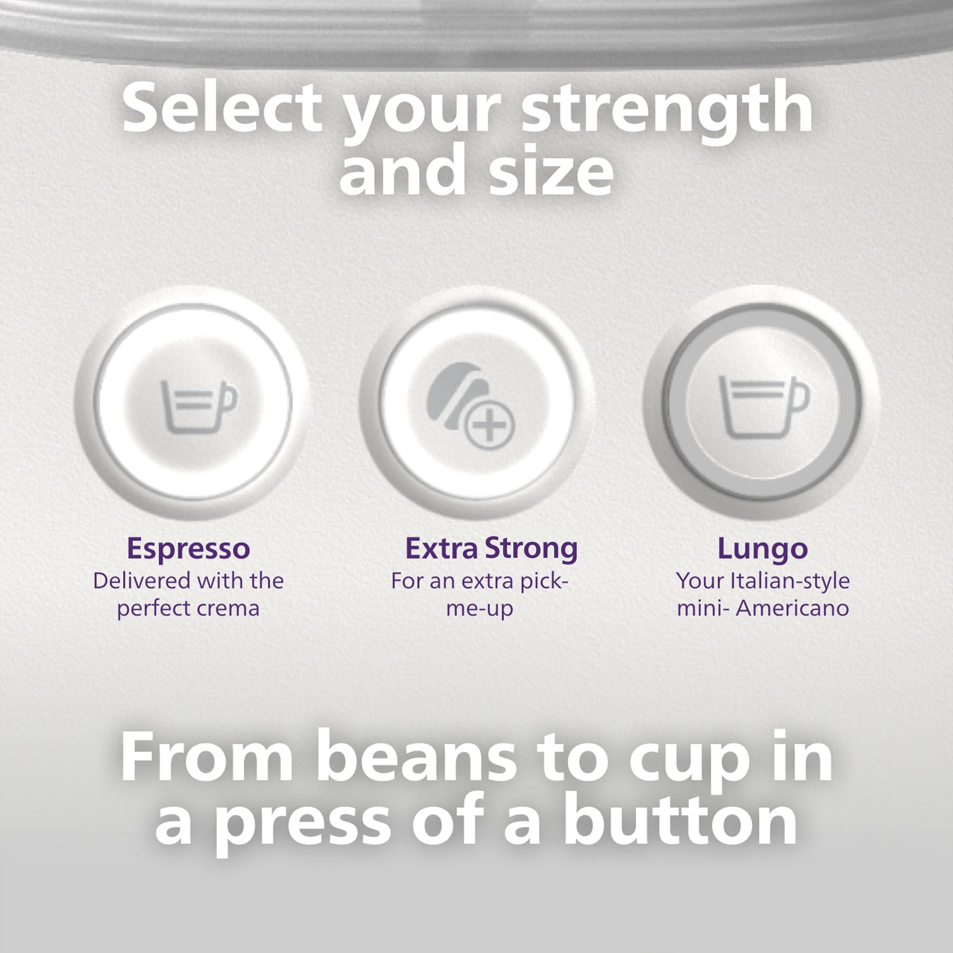 Showing buttons on espresso machine: Espresso, Extra Strong and Lungo