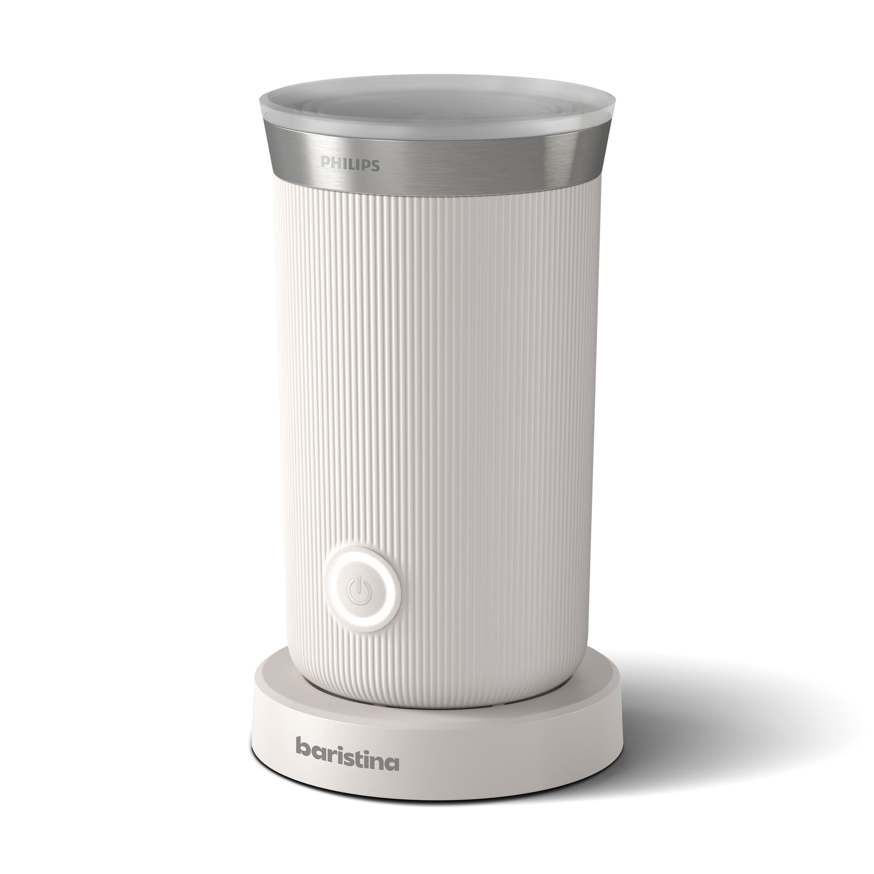Philips Baristina milk frother: Close-up of a white, ribbed appliance with a silver top and a power button.