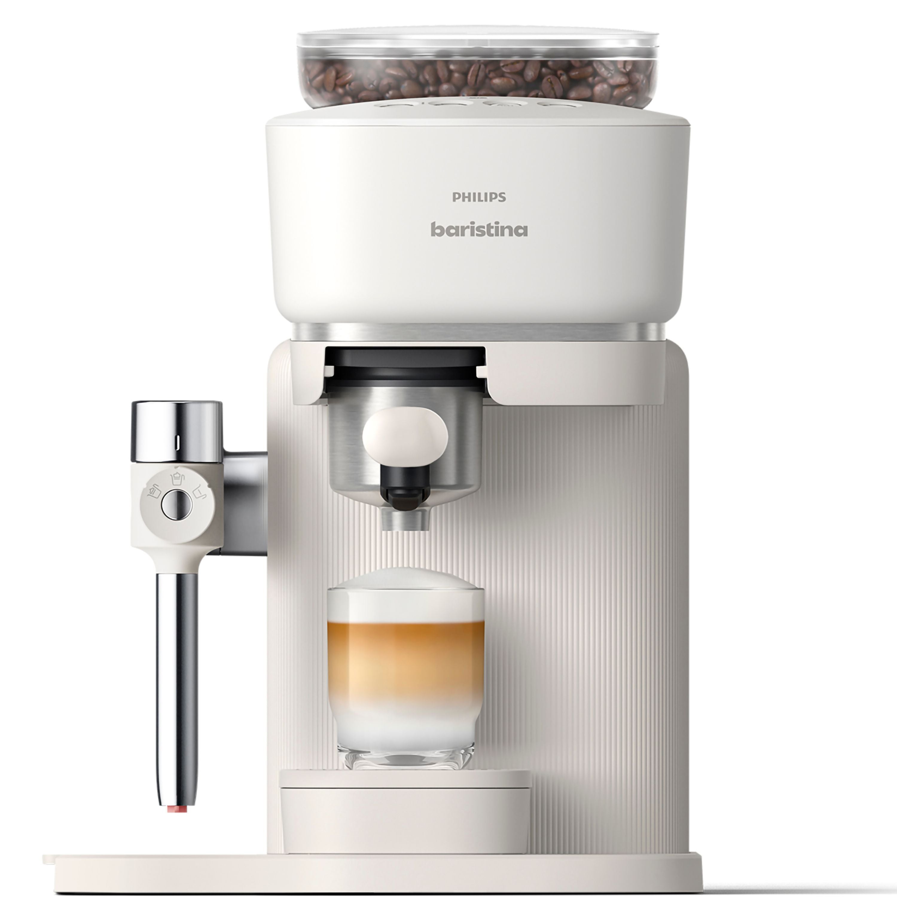 Philips baristina coffee machine with a glass of coffee on a white background