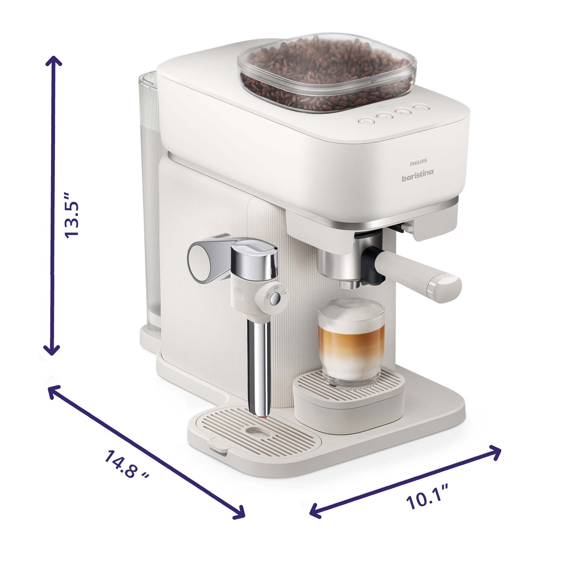 Baristina Latte espresso machine with dimensions indicated on a white background