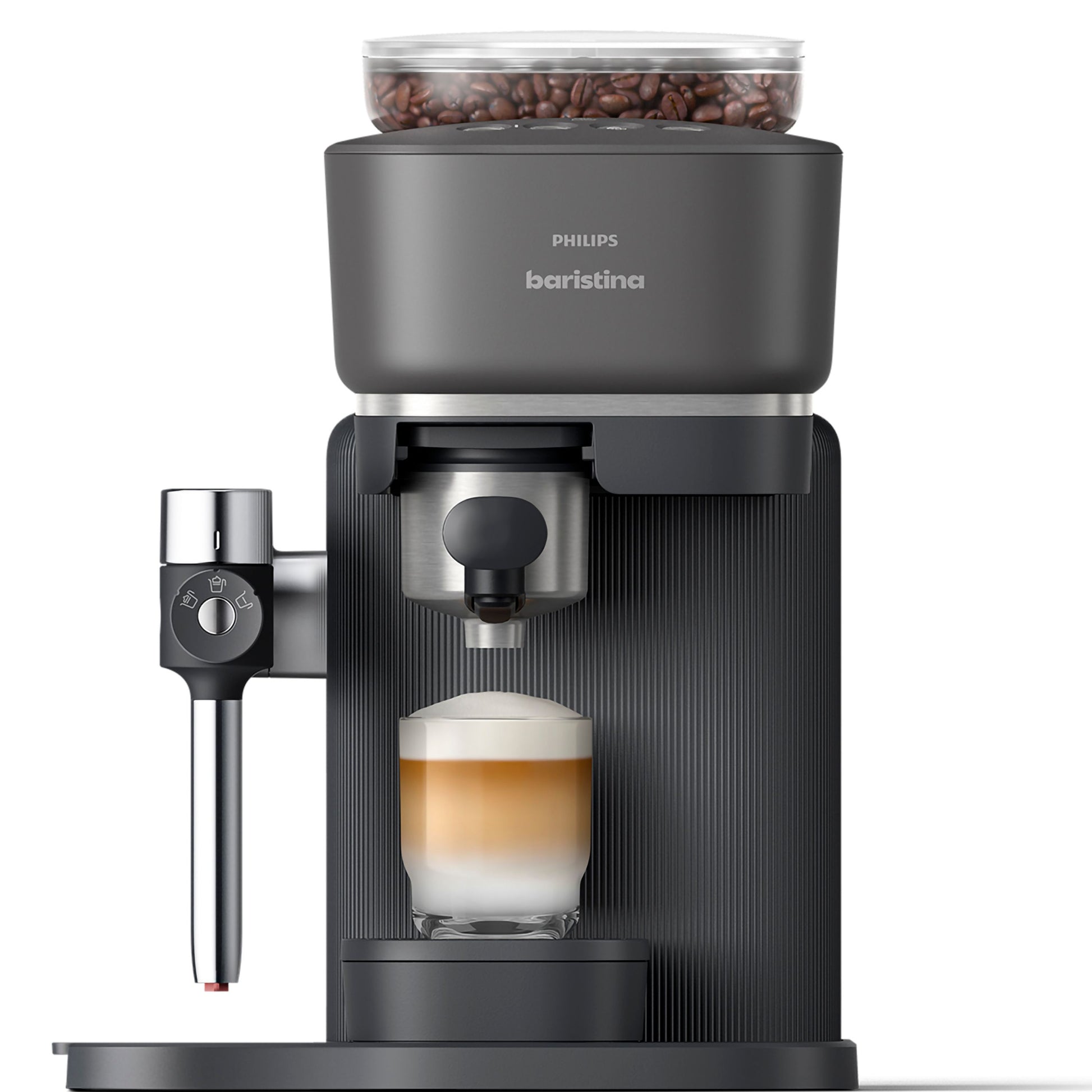 Philips Baristina espresso machine with a glass of layered coffee on a white background