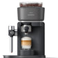 Philips Baristina espresso machine with a glass of layered coffee on a white background