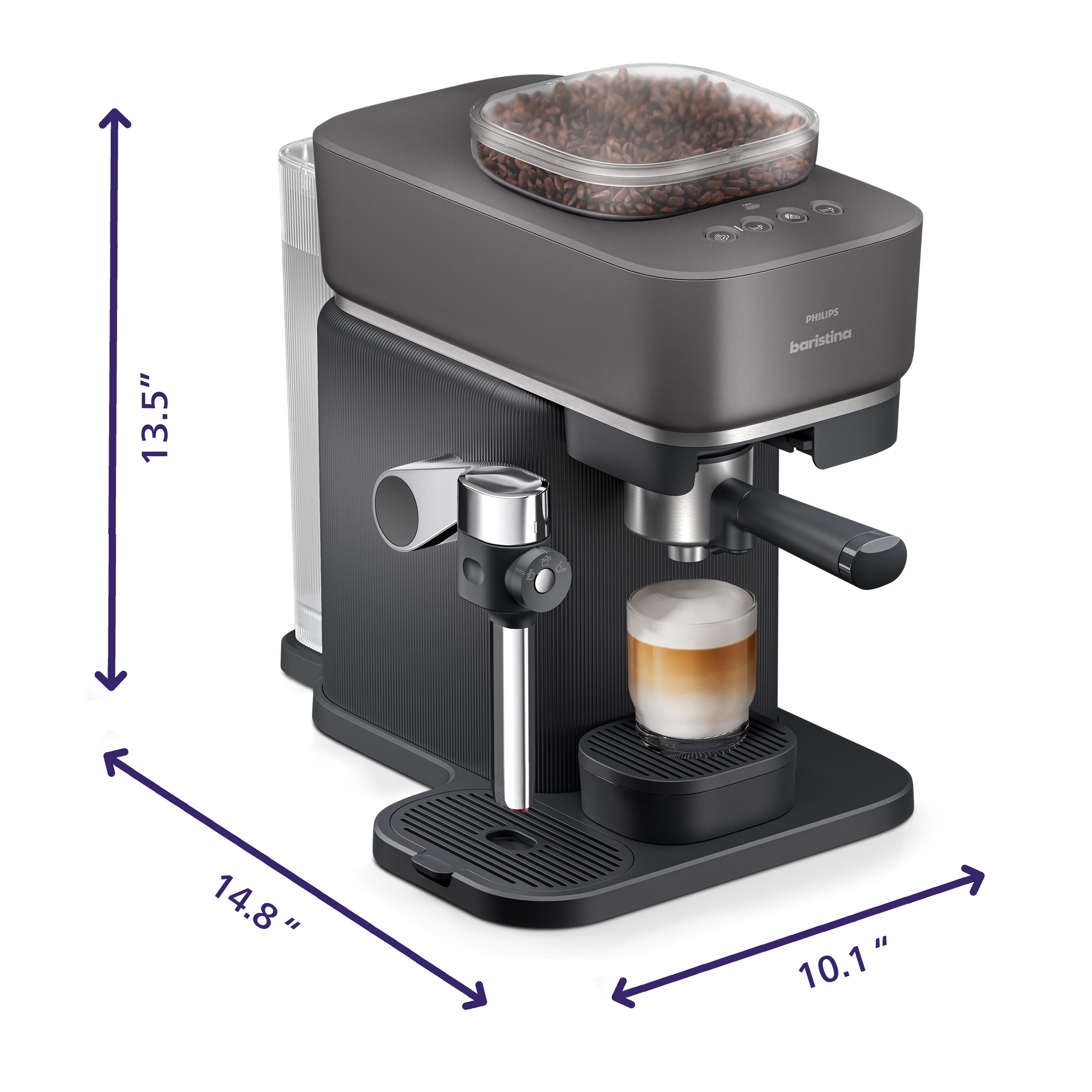 Baristina Latte espresso machine with dimensions indicated on a white background