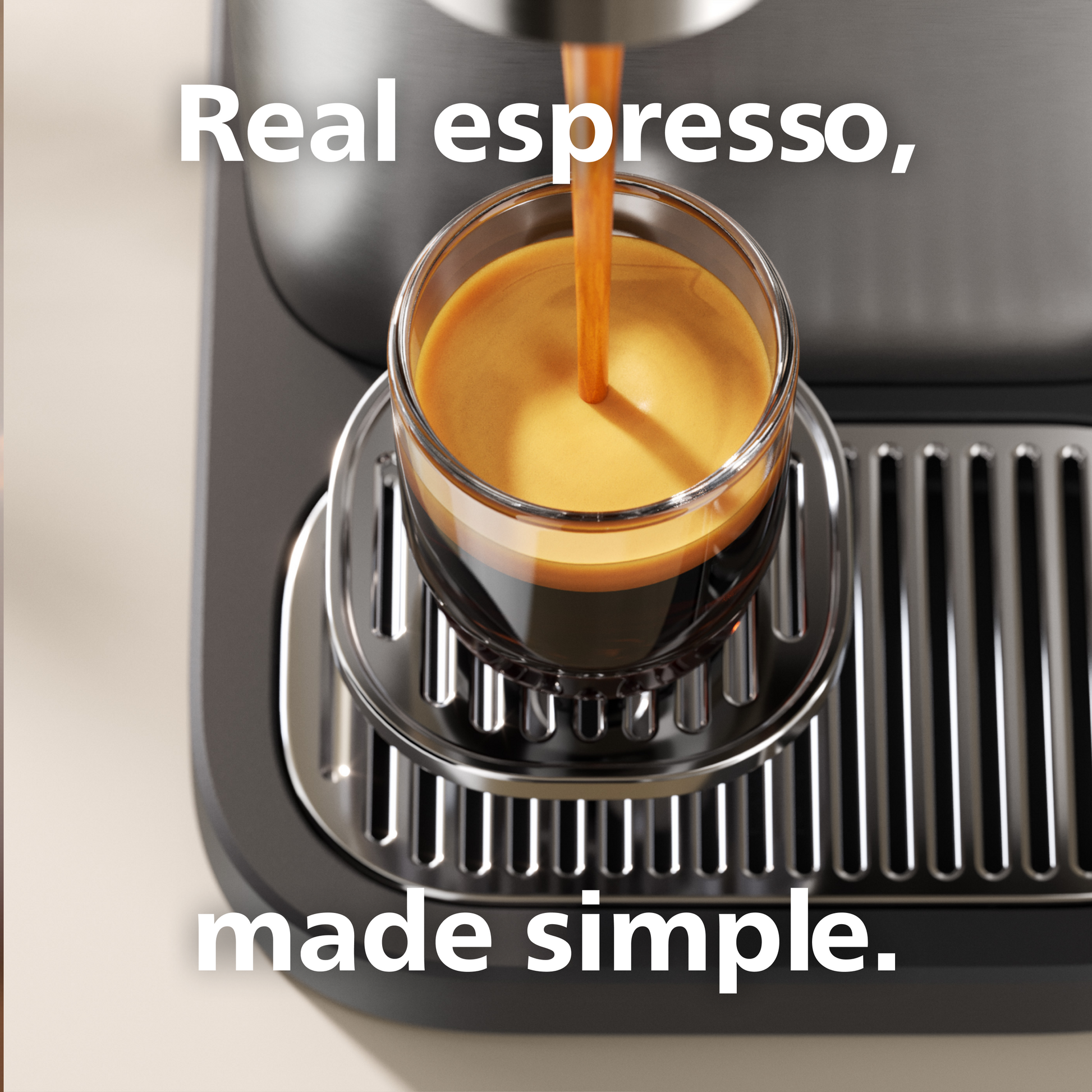 Espresso being poured into a glass from an espresso machine with text 'Real espresso, made simple.'
