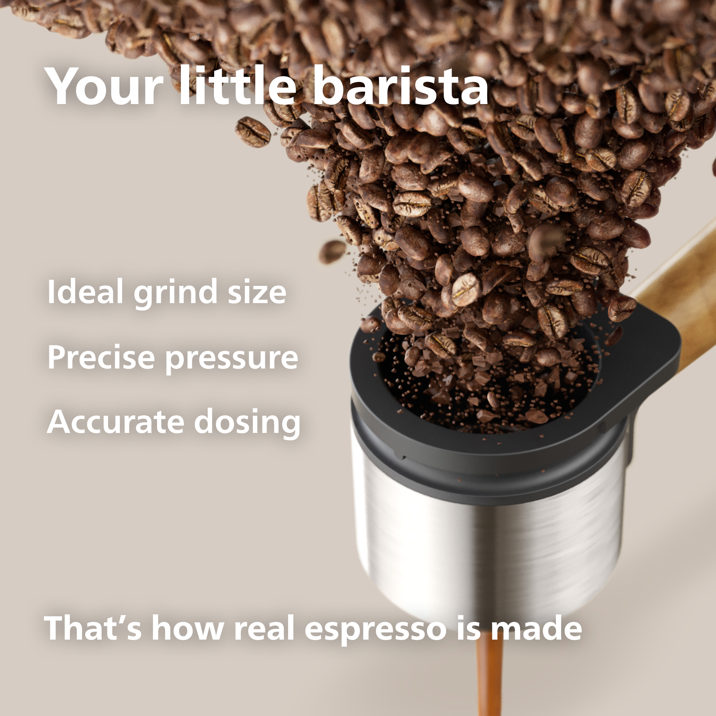 Coffee grinder with coffee beans being ground, text about espresso making.