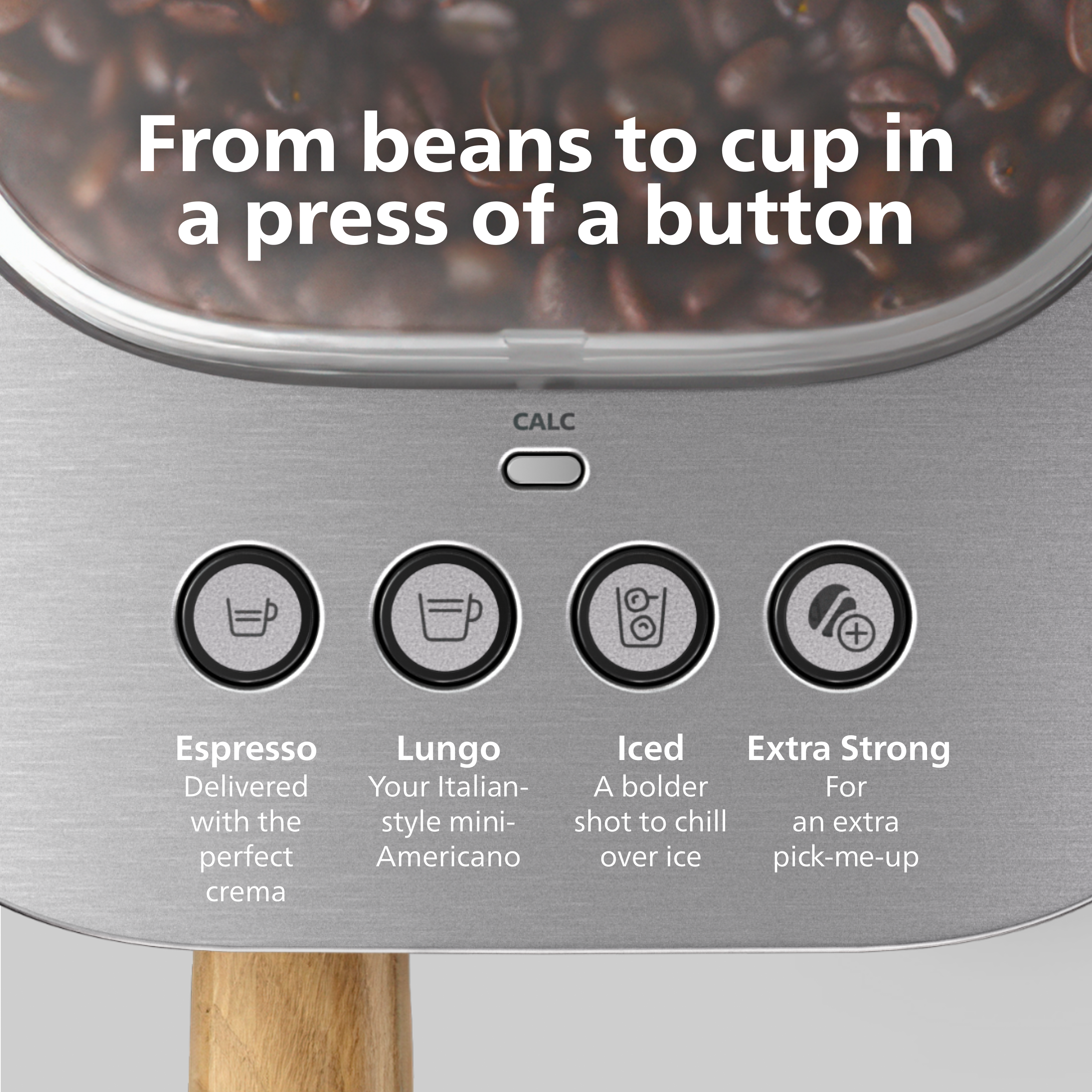 Coffee machine with buttons for different coffee types and text 'From beans to cup in a press of a button'.