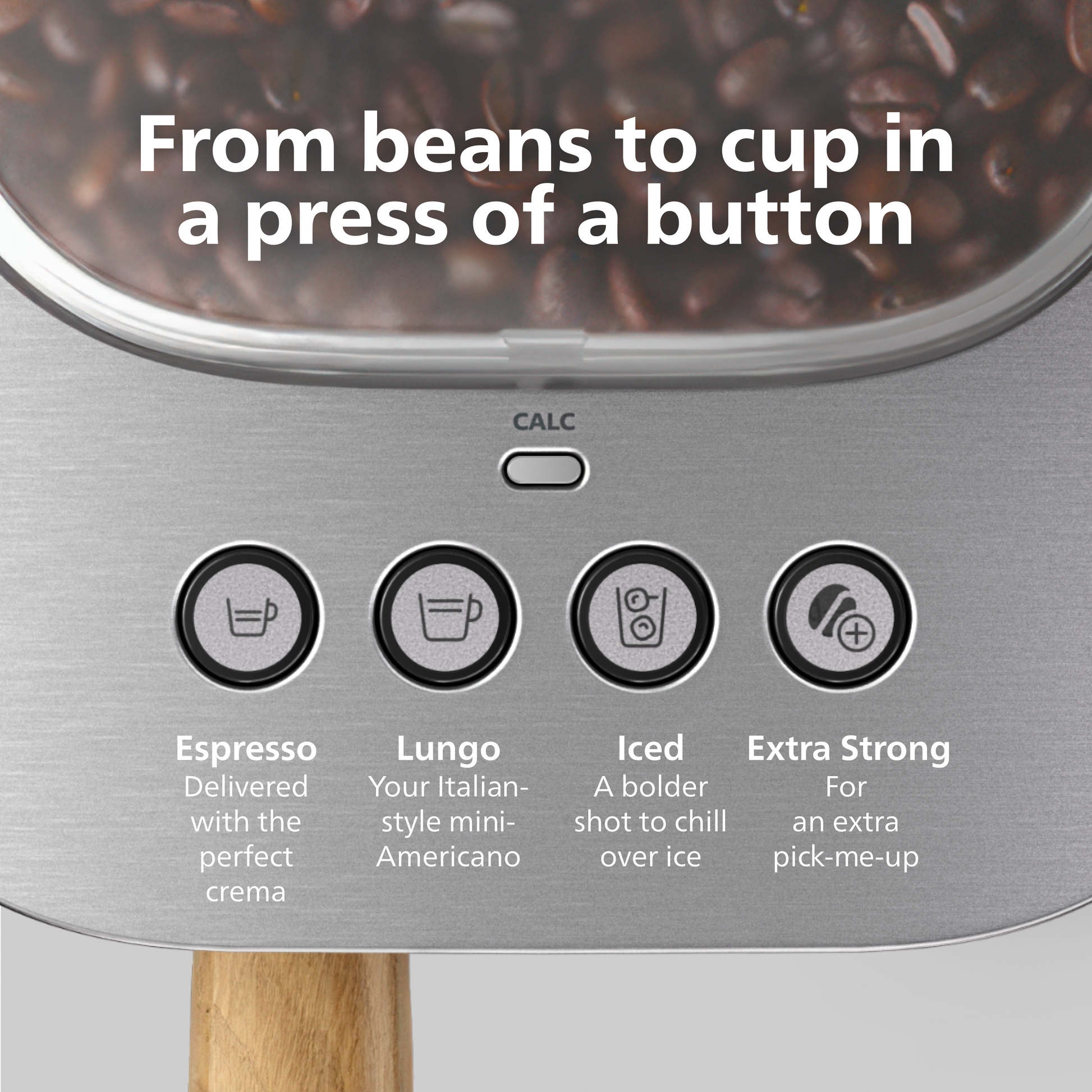 Coffee machine with buttons for different coffee types and text 'From beans to cup in a press of a button'.