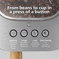 Coffee machine with buttons for different coffee types and text 'From beans to cup in a press of a button'.