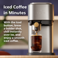 Coffee machine brewing iced coffee with text on a blurred background