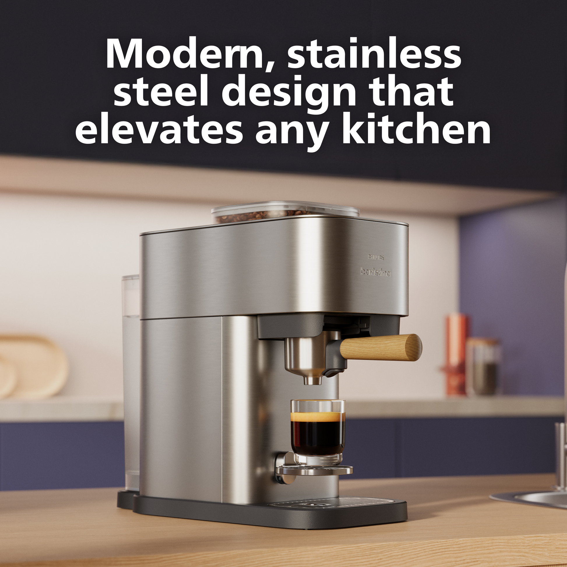 Stainless steel espresso machine on a kitchen counter with text about its design.