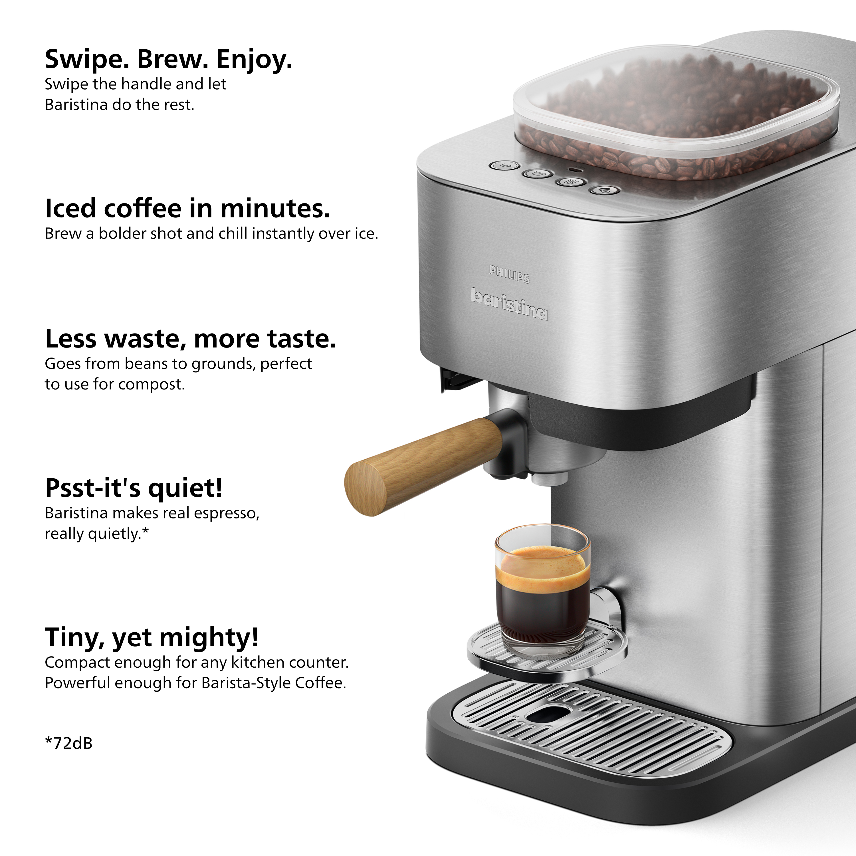 Espresso machine with text highlighting features on a white background