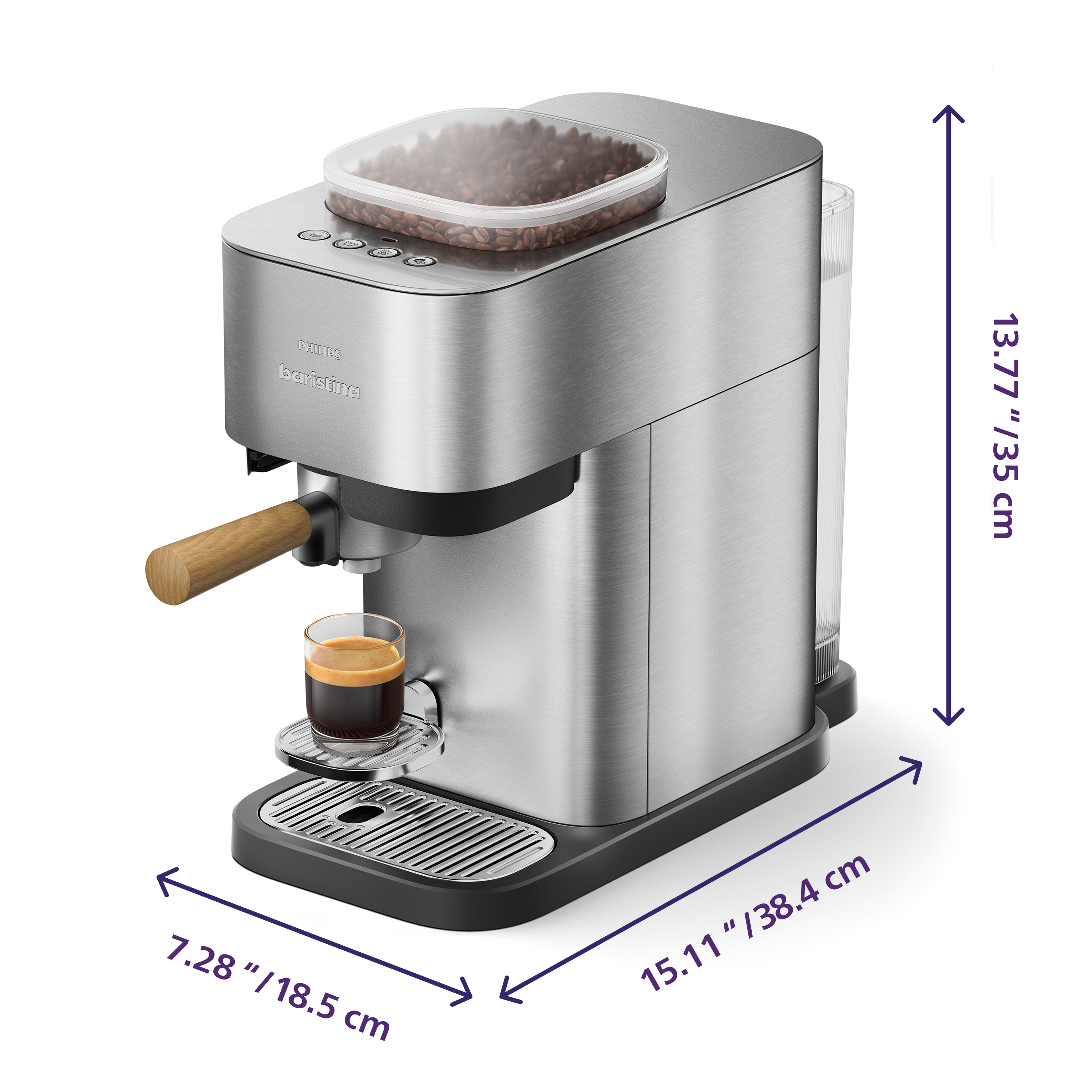 Breville espresso machine with dimensions labeled on a white background