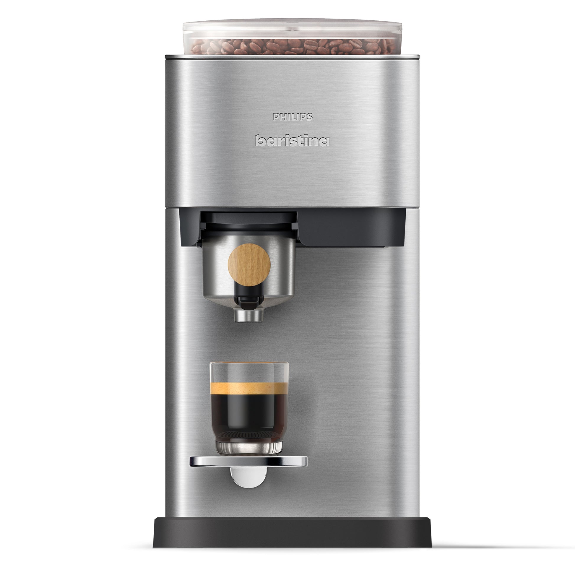 Stainless steel coffee machine with a glass of coffee on a white background