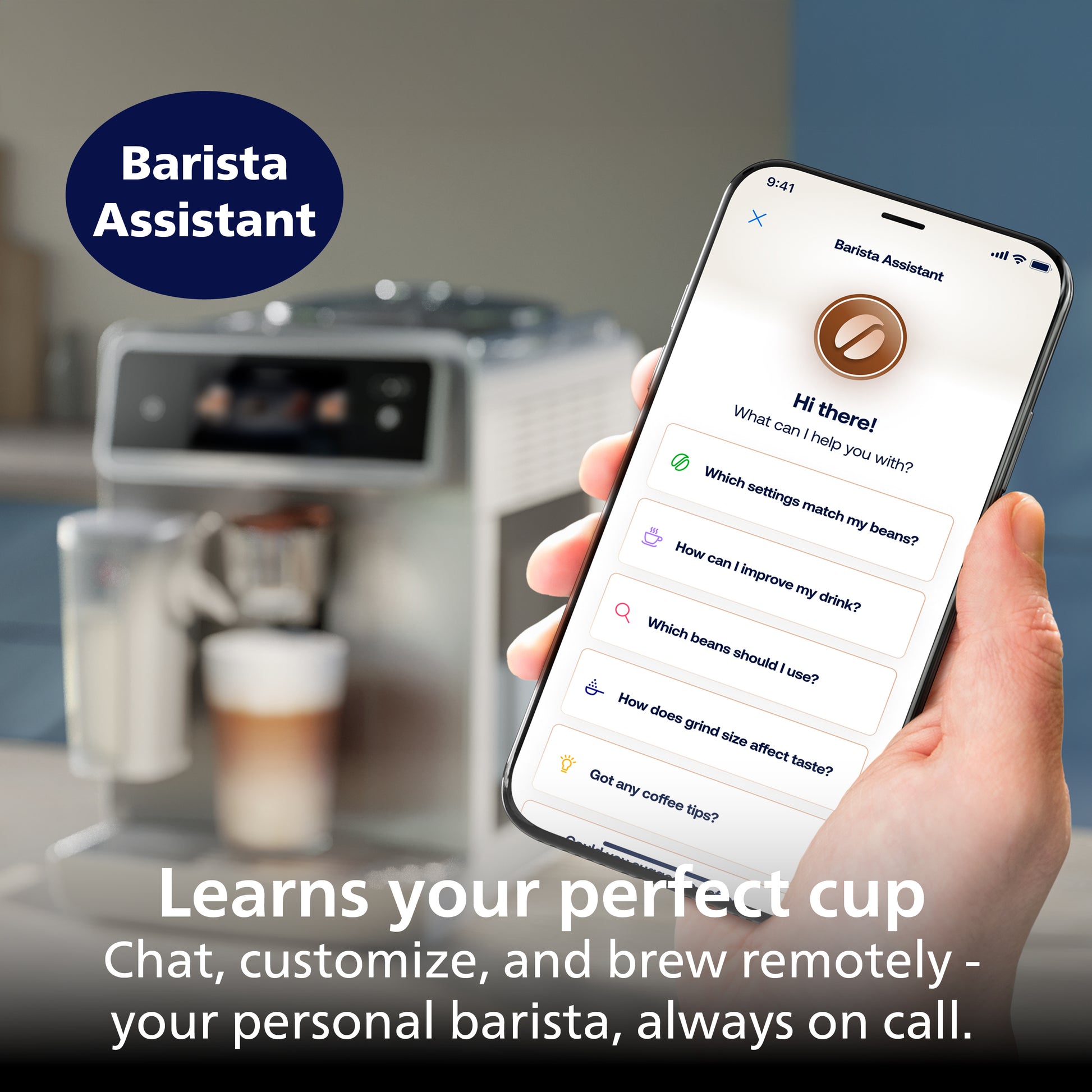 Smartphone displaying the Barista Assistant app with a coffee machine in the background