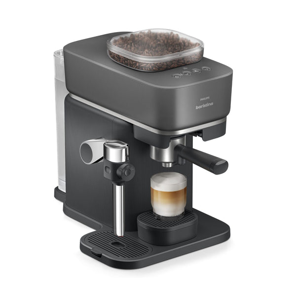 Philips Baristina Latte espresso machine with a glass container of coffee beans on a white background