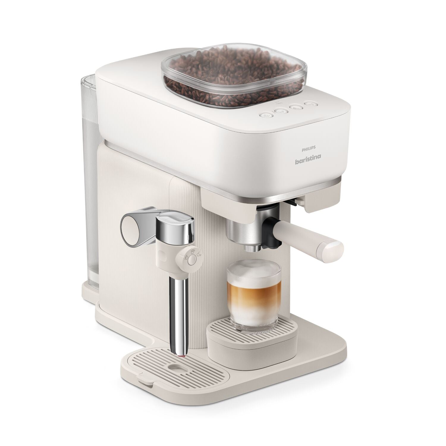 Philips Baristina Latte espresso machine with a glass of coffee on a white background