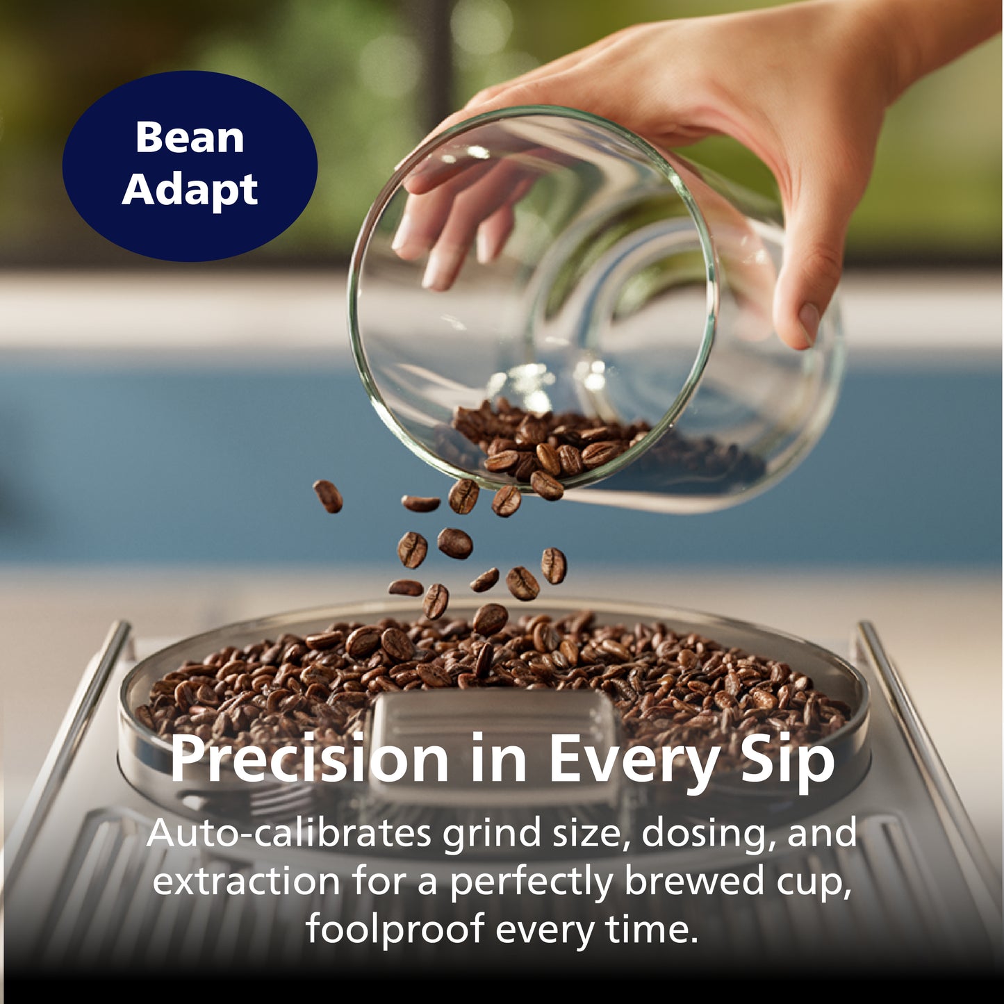 Hand pouring coffee beans into a coffee grinder with 'Bean Adapt' branding and text about precision brewing.