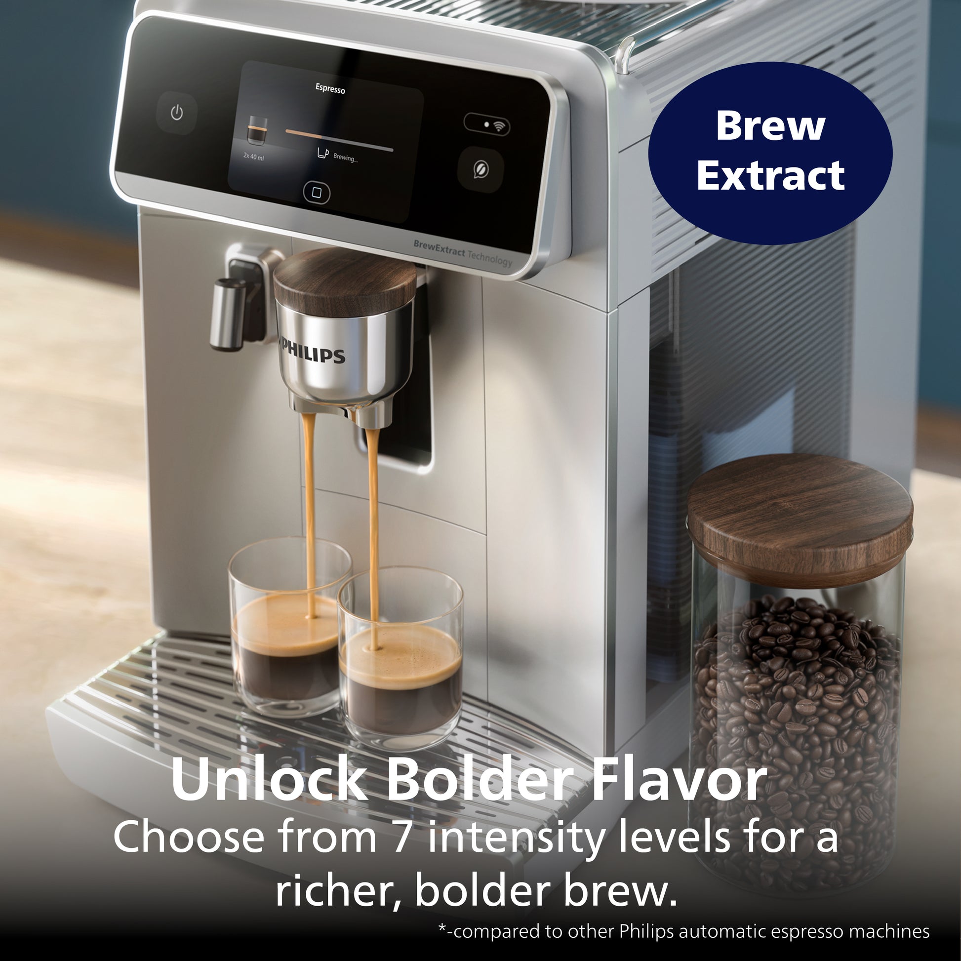 Philips espresso machine brewing coffee with text highlighting feature and benefits.