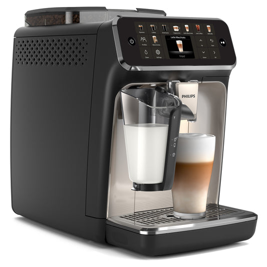 Philips EP5547 espresso machine with touchscreen display, making a latte macchiato.