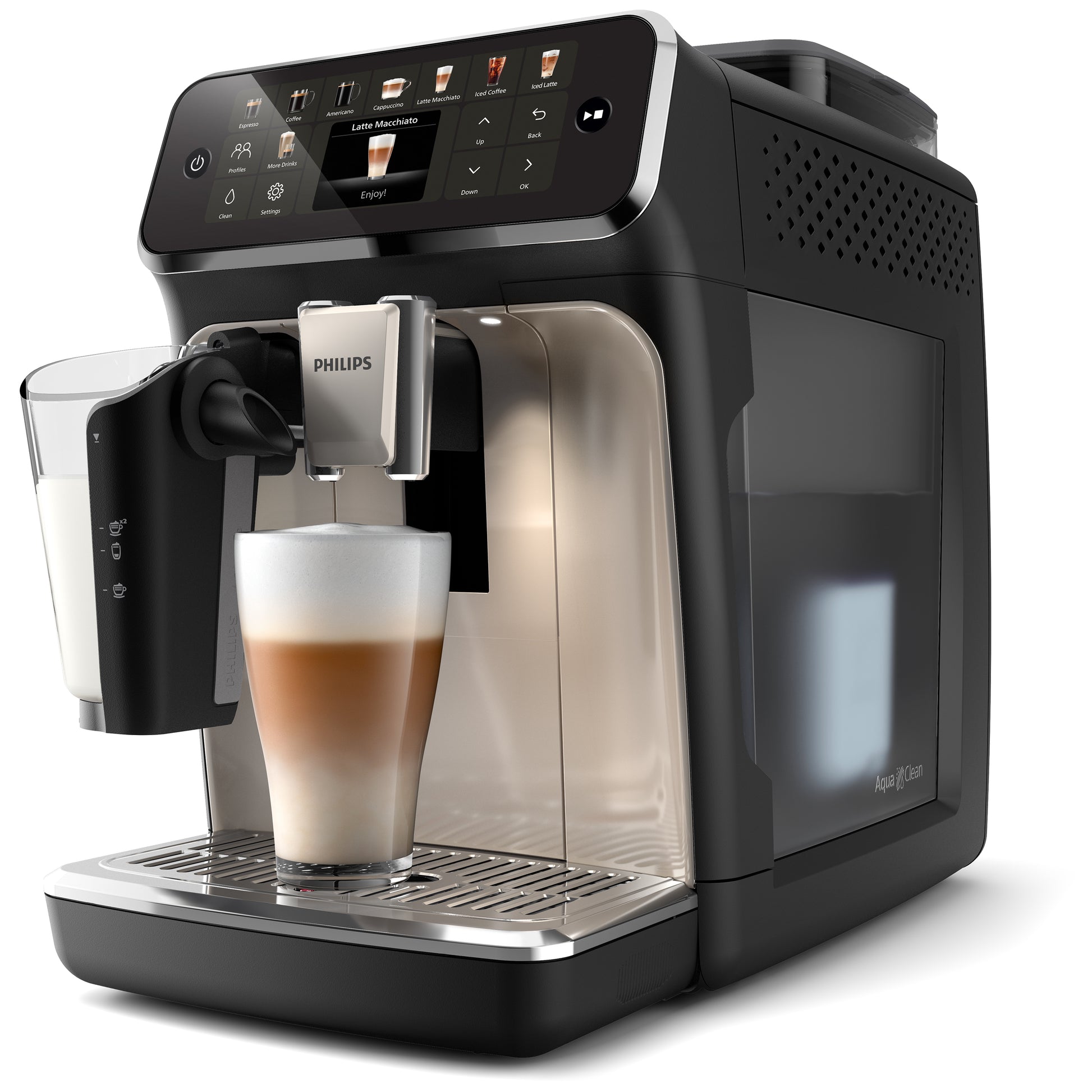 Philips EP5547 fully automatic espresso machine with touchscreen display and LatteGo milk system.
