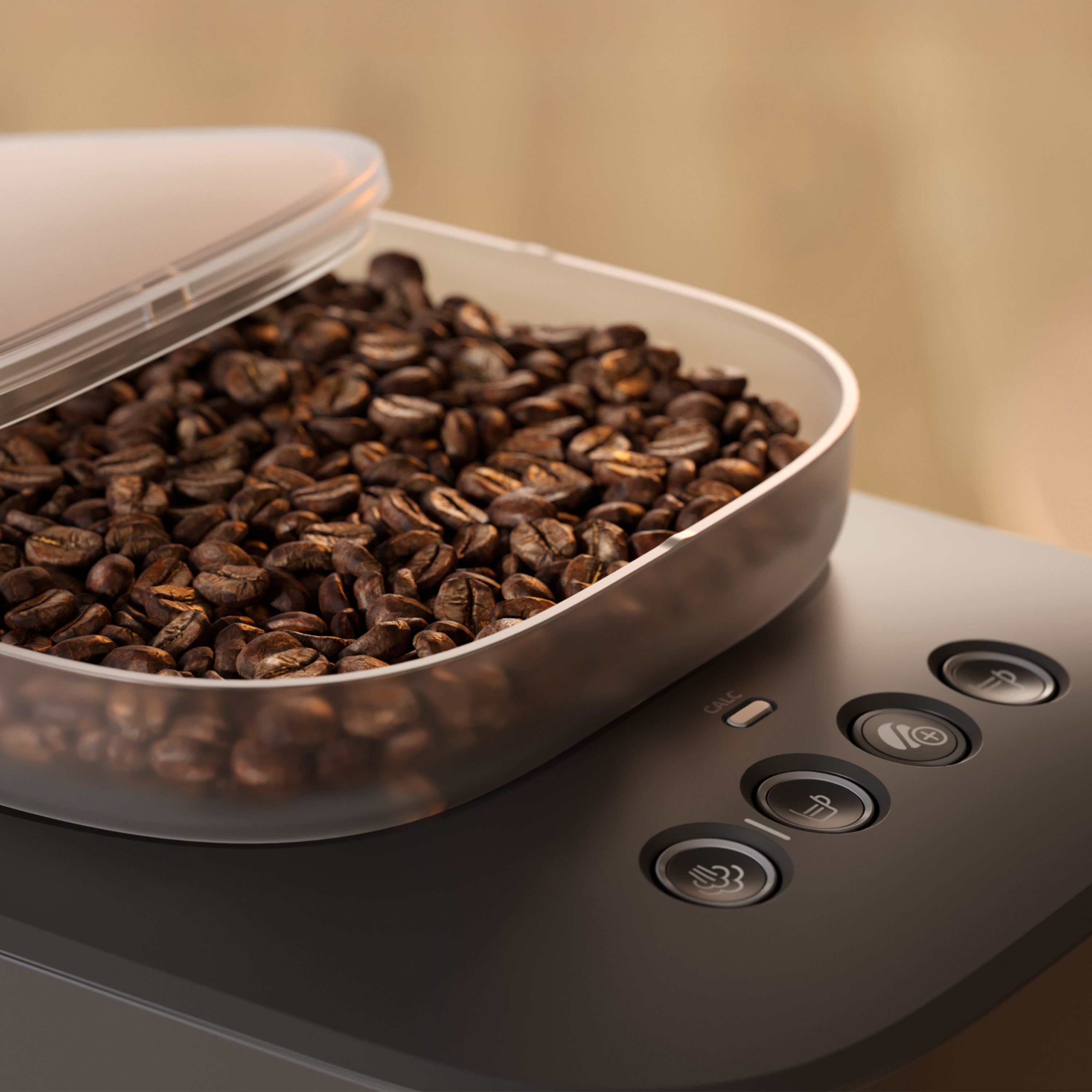 Coffee grinder with a container of coffee beans on a wooden background