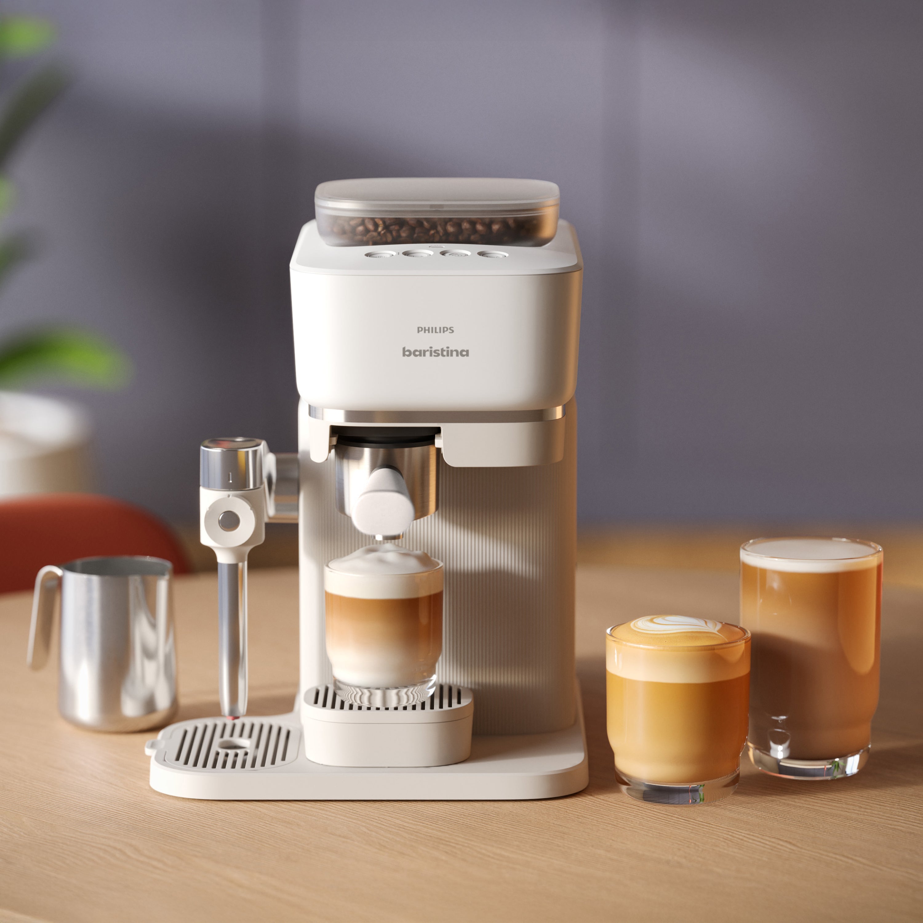 Philips coffee machine with three glasses of coffee on a wooden table