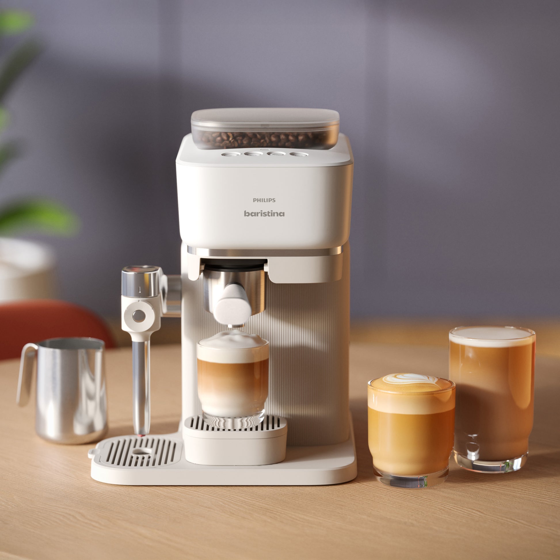 Philips coffee machine with three glasses of coffee on a wooden table