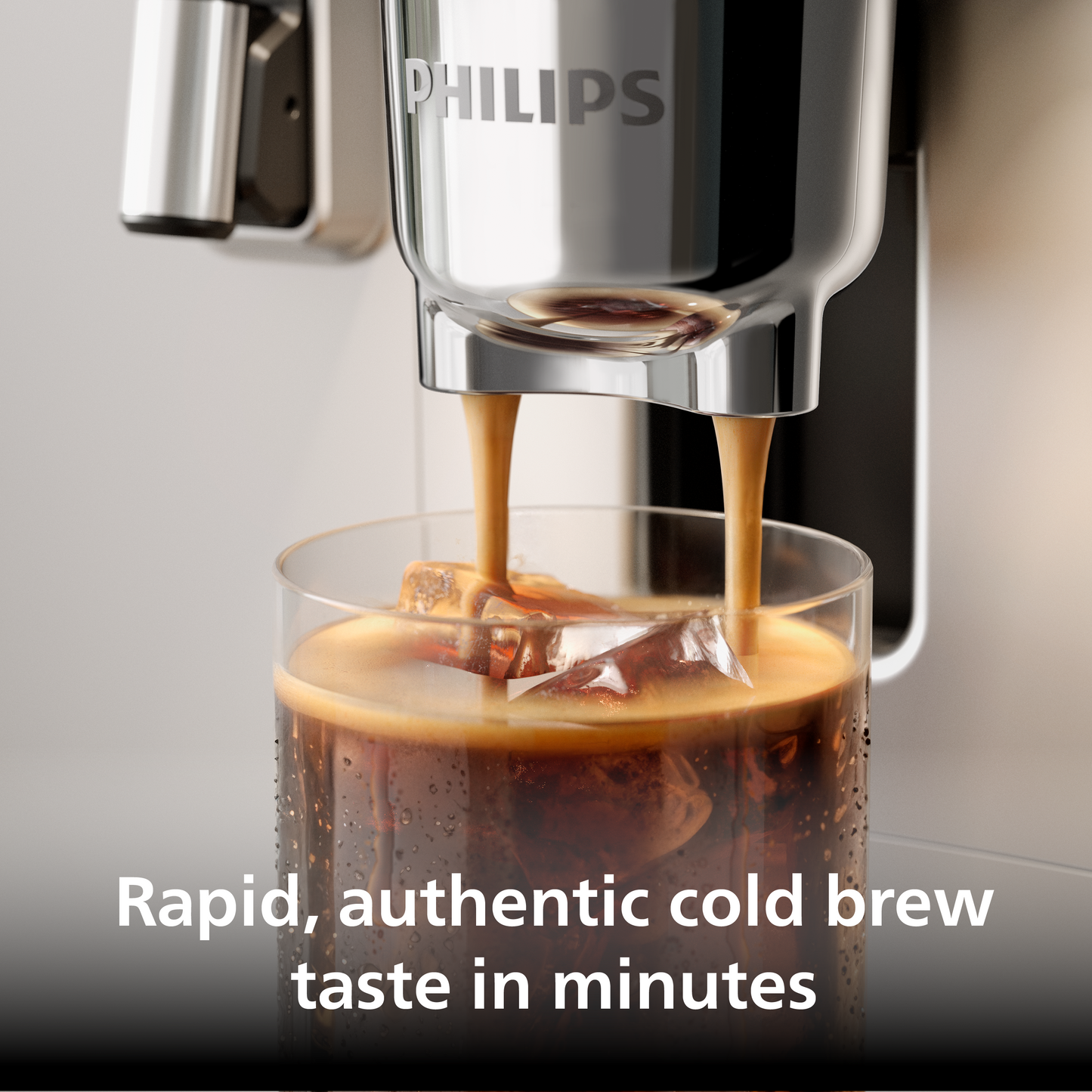 Philips coffee machine pouring coffee into a glass with text 'Rapid, authentic cold brew taste in minutes'.