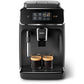 Black Philips coffee machine with two cups on a white background
