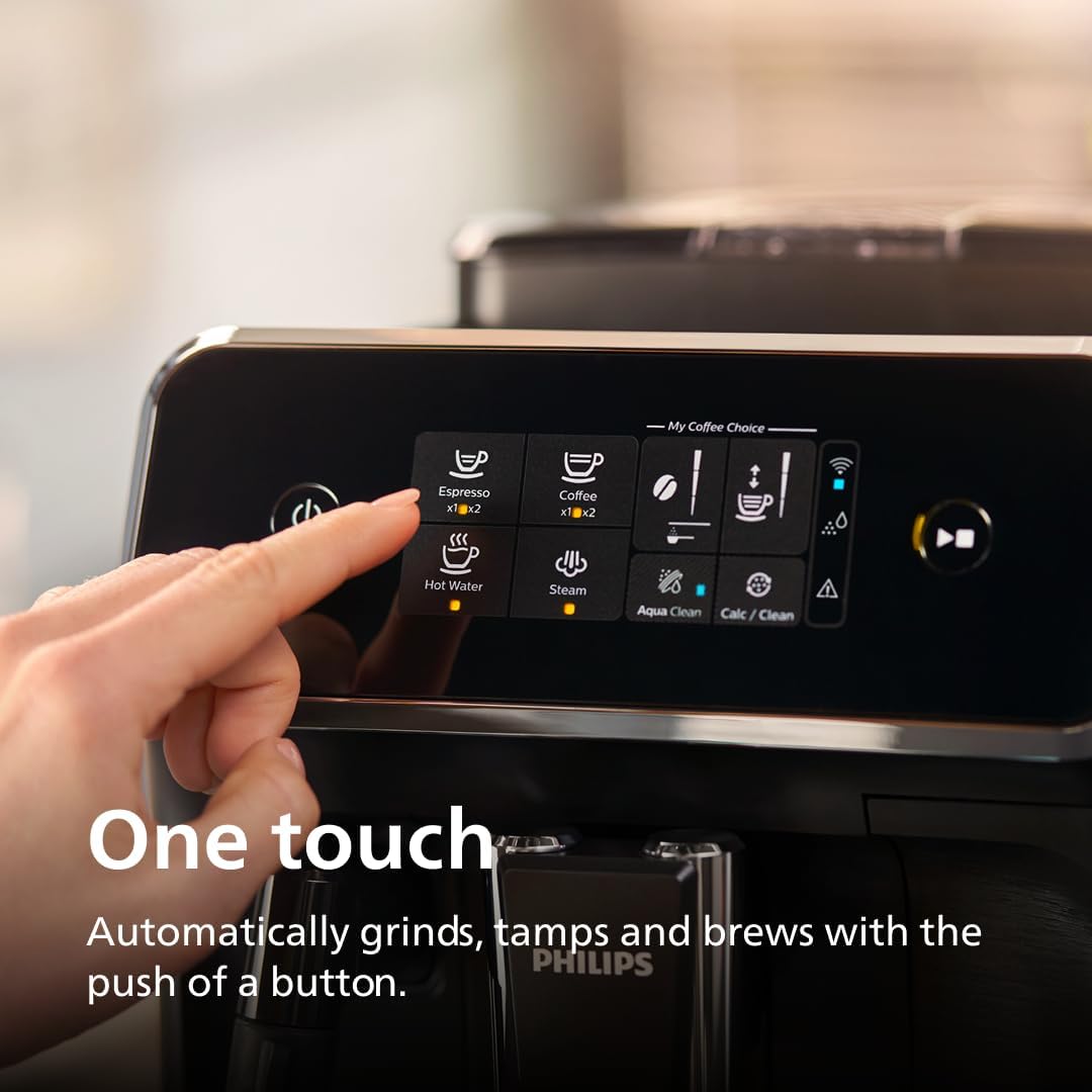 Hand pressing a button on a coffee machine with text highlighting its features.