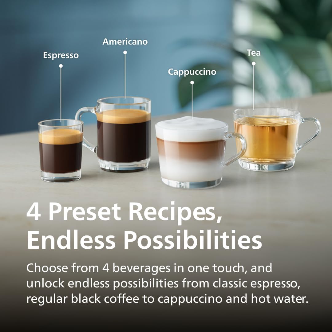 Graphic showing four beverage presets labeled Espresso, Americano, Cappuccino, and Tea in clear glass cups, with text reading '4 Preset Recipes, Endless Possibilities' and additional copy below on a blurred indoor background.
