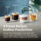 Graphic showing four beverage presets labeled Espresso, Americano, Cappuccino, and Tea in clear glass cups, with text reading '4 Preset Recipes, Endless Possibilities' and additional copy below on a blurred indoor background.