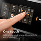 Hand pressing a button on a coffee machine control panel with text 'One touch' and description.