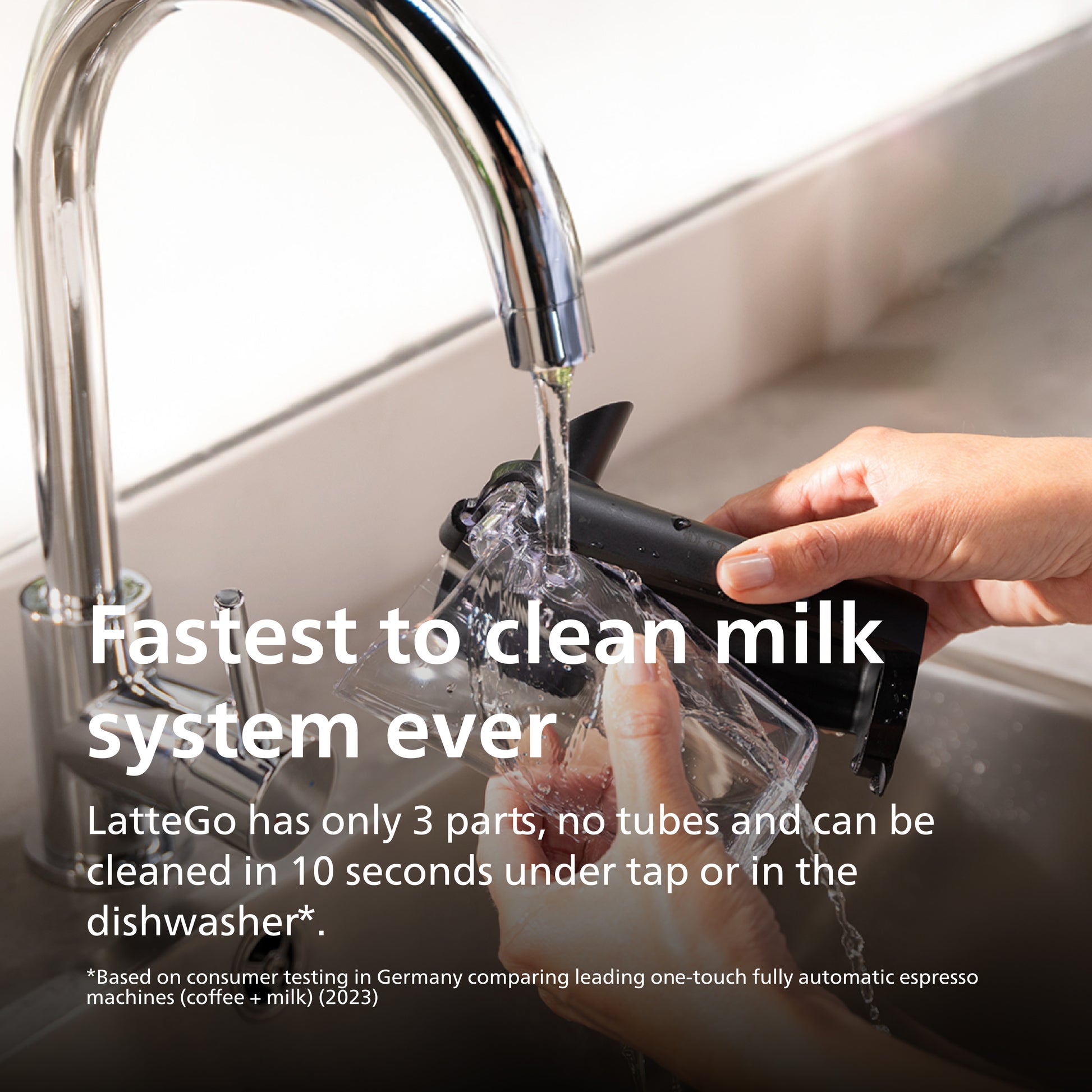 Person cleaning a milk system under running water with text about LatteGo's cleaning efficiency.