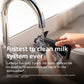 Person cleaning a milk system under running water with text about LatteGo's cleaning efficiency.