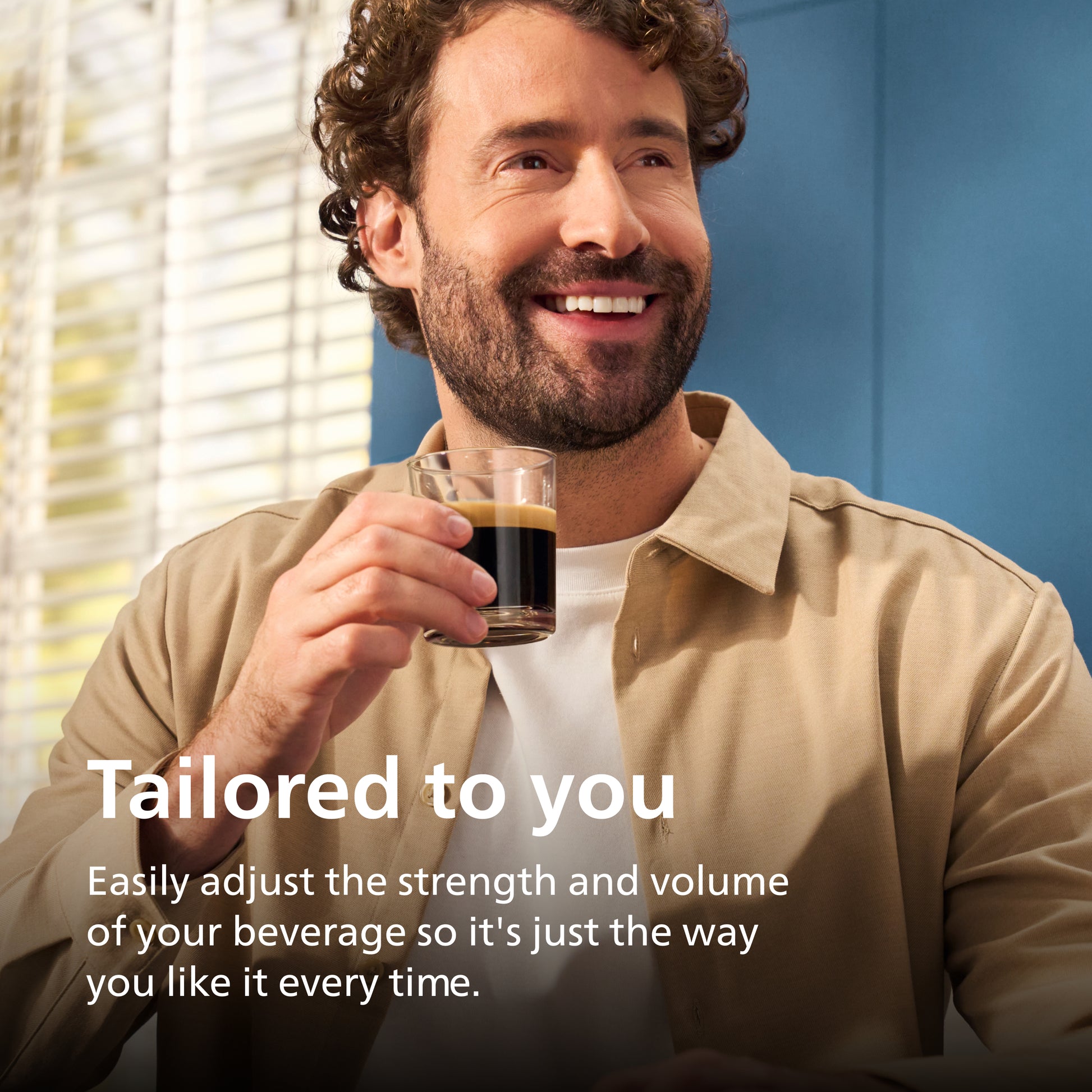 Man holding a glass of coffee with text about adjusting beverage strength and volume.