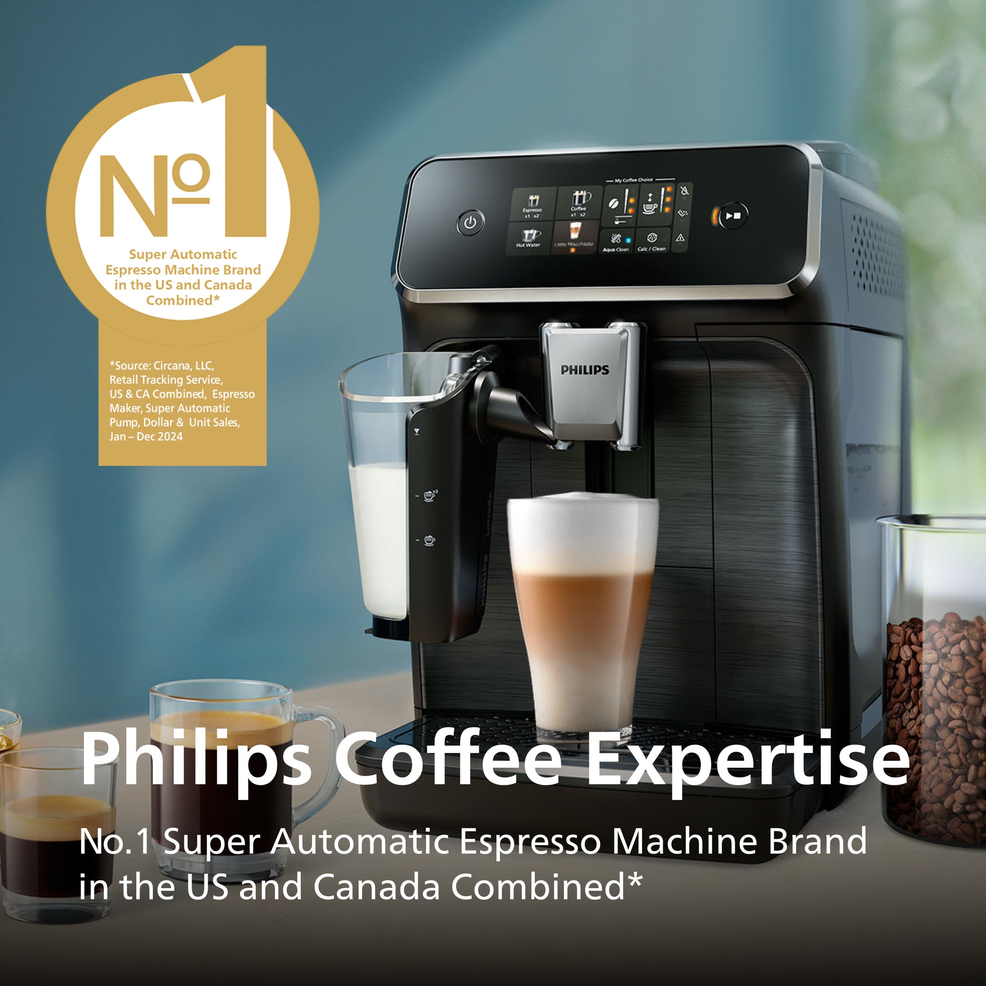 Philips coffee machine with a glass of coffee and a badge indicating it's the No. 1 brand in the US and Canada.